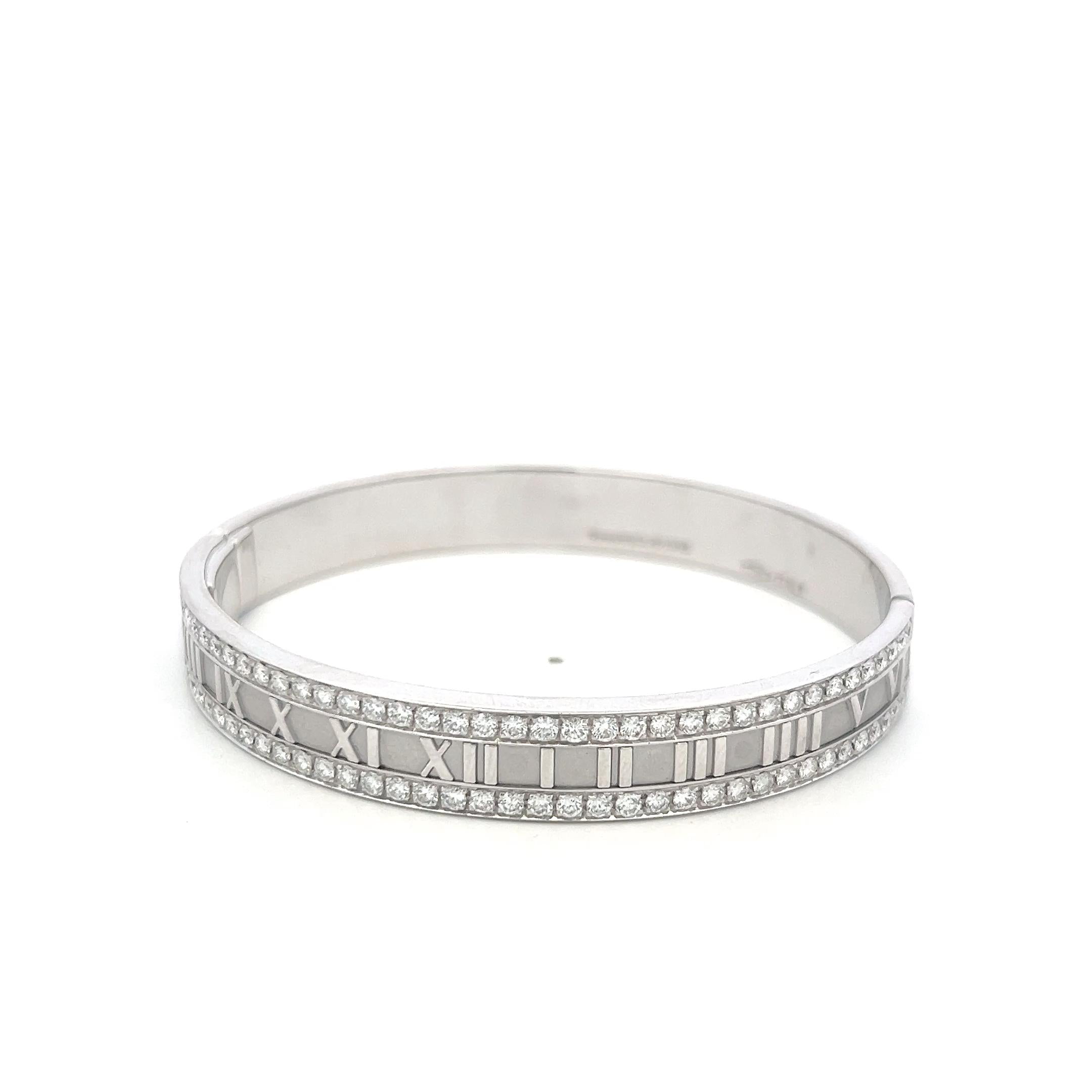 Tiffany & Co 18K White Gold Atlas Bangle Bracelet with 2.5 Carat Round Diamonds