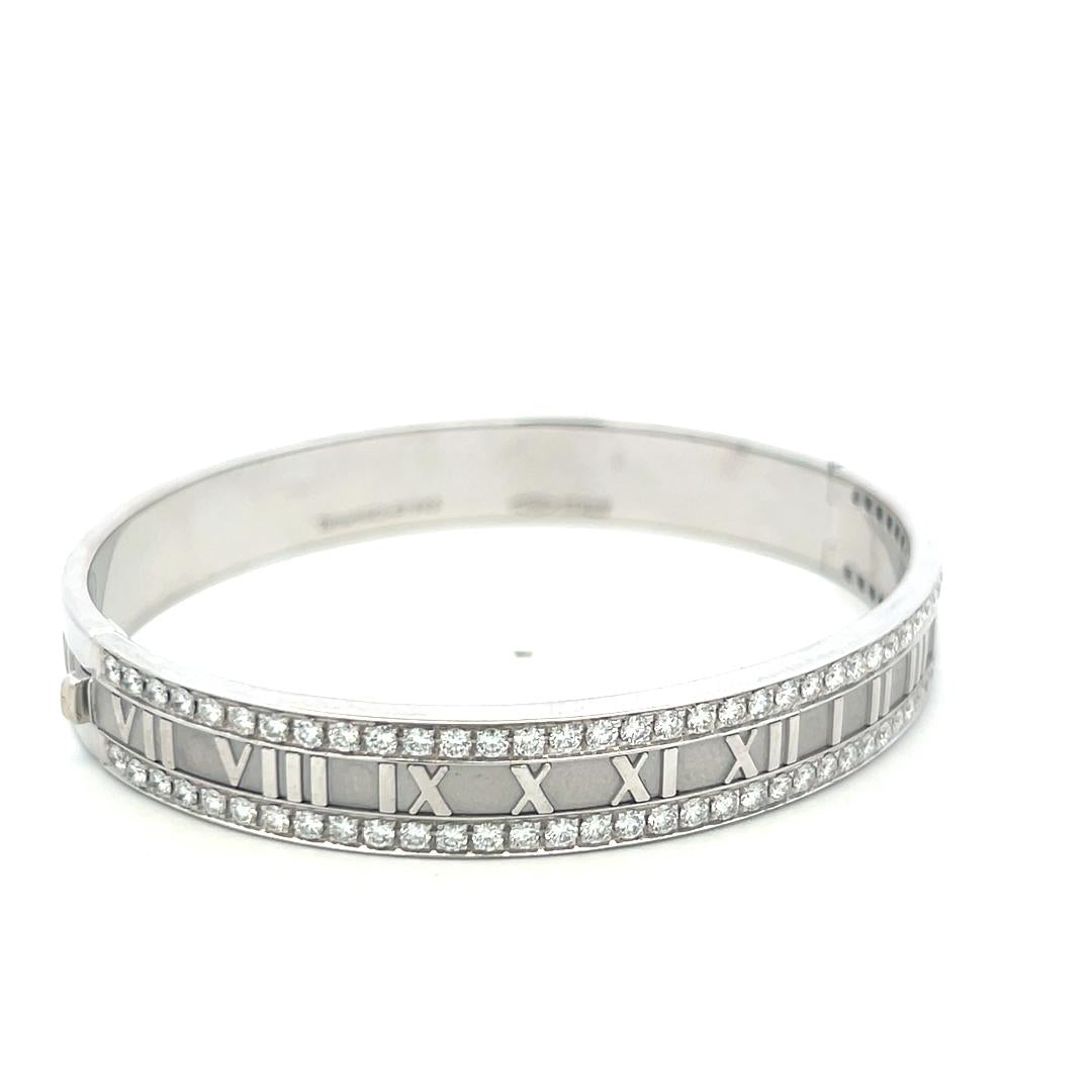 Tiffany & Co 18K White Gold Atlas Bangle Bracelet with 2.5 Carat Round Diamonds