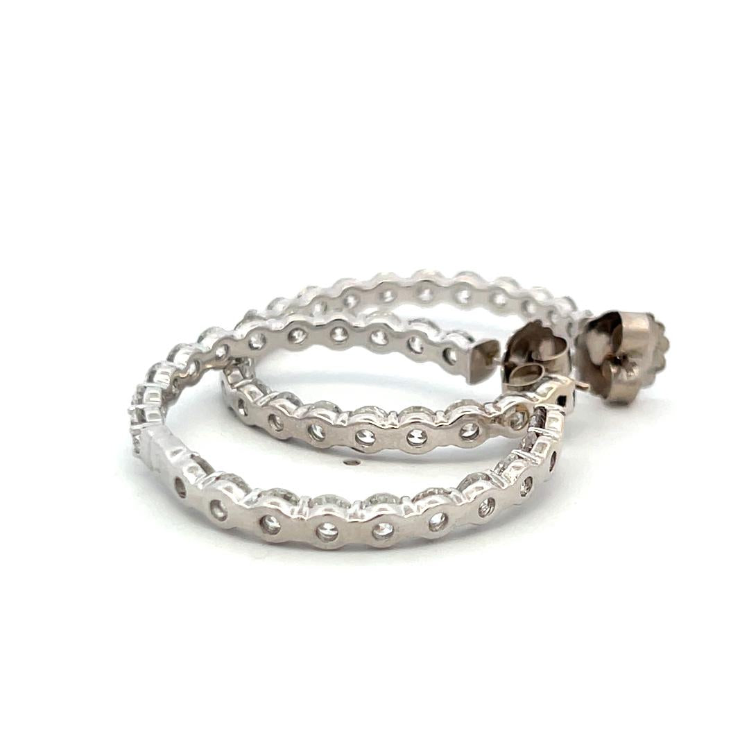 Vintage 14K White Gold Hoop Earrings with 11 Carat Round H-VS Diamonds 1.5 Inch
