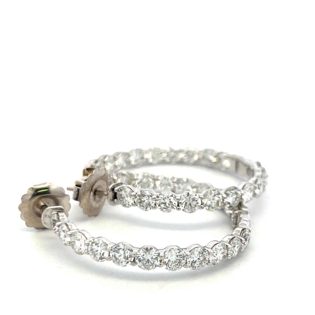 Vintage 14K White Gold Hoop Earrings with 11 Carat Round H-VS Diamonds 1.5 Inch