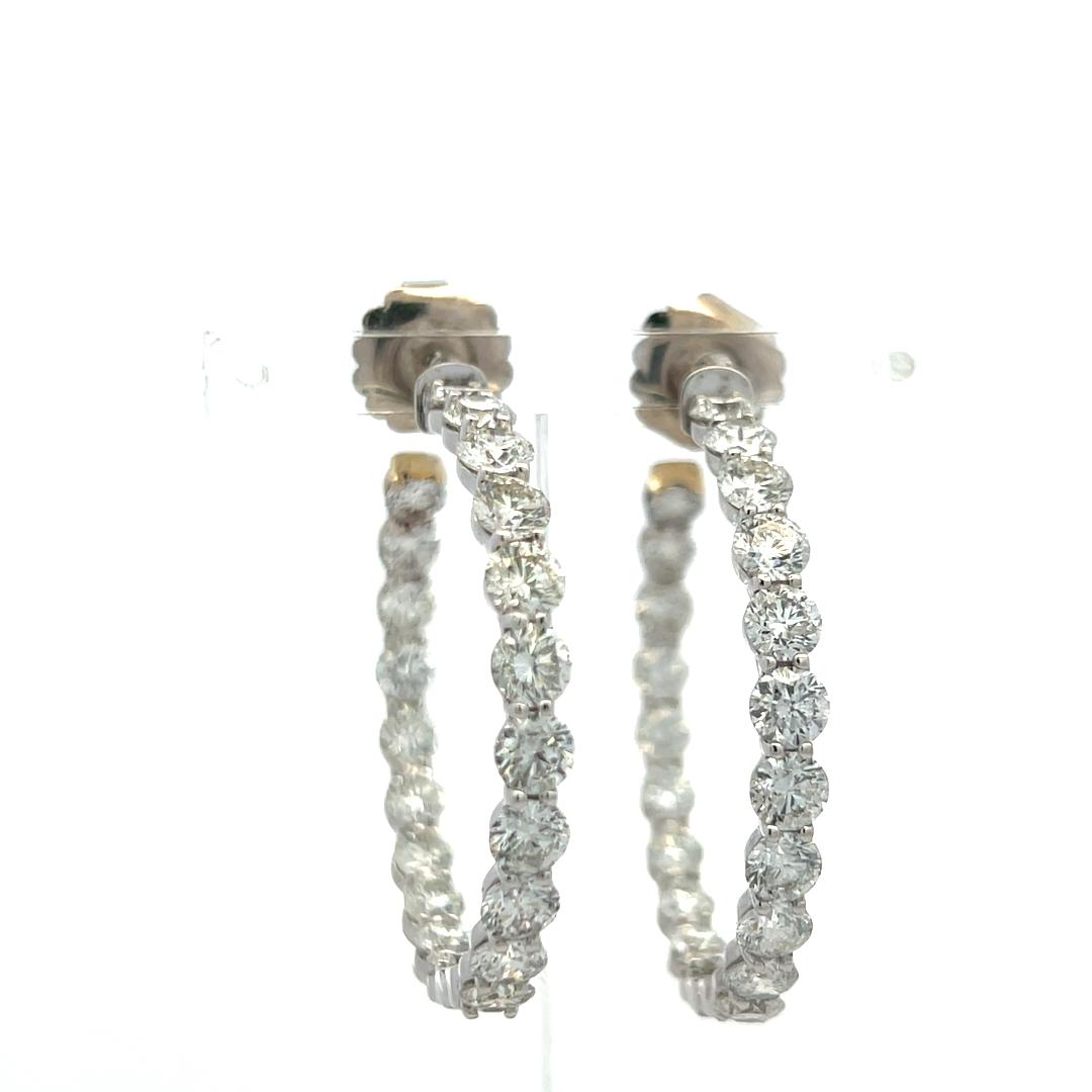 Vintage 14K White Gold Hoop Earrings with 11 Carat Round H-VS Diamonds 1.5 Inch