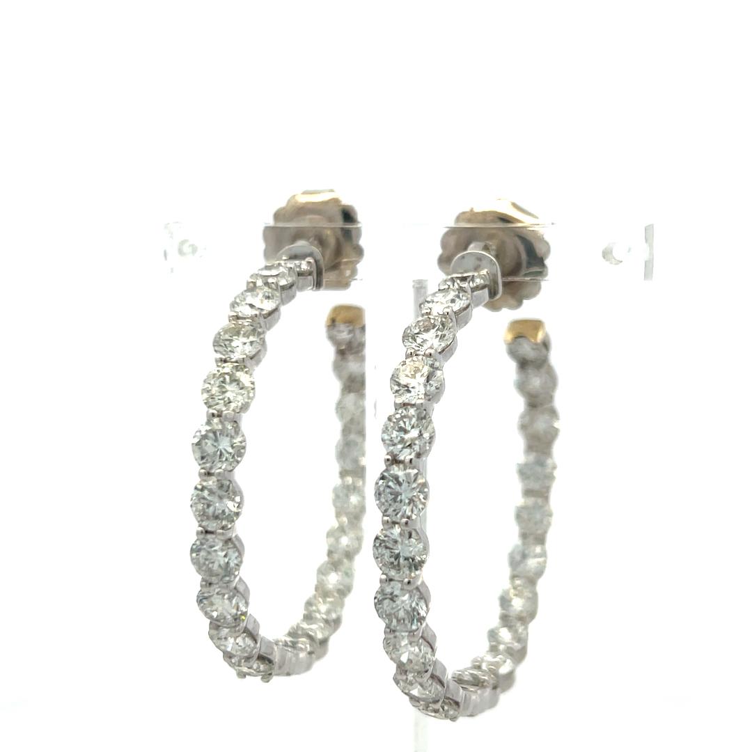 Vintage 14K White Gold Hoop Earrings with 11 Carat Round H-VS Diamonds 1.5 Inch