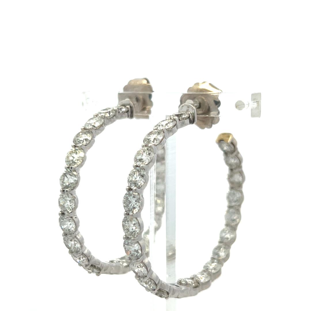 Vintage 14K White Gold Hoop Earrings with 11 Carat Round H-VS Diamonds 1.5 Inch