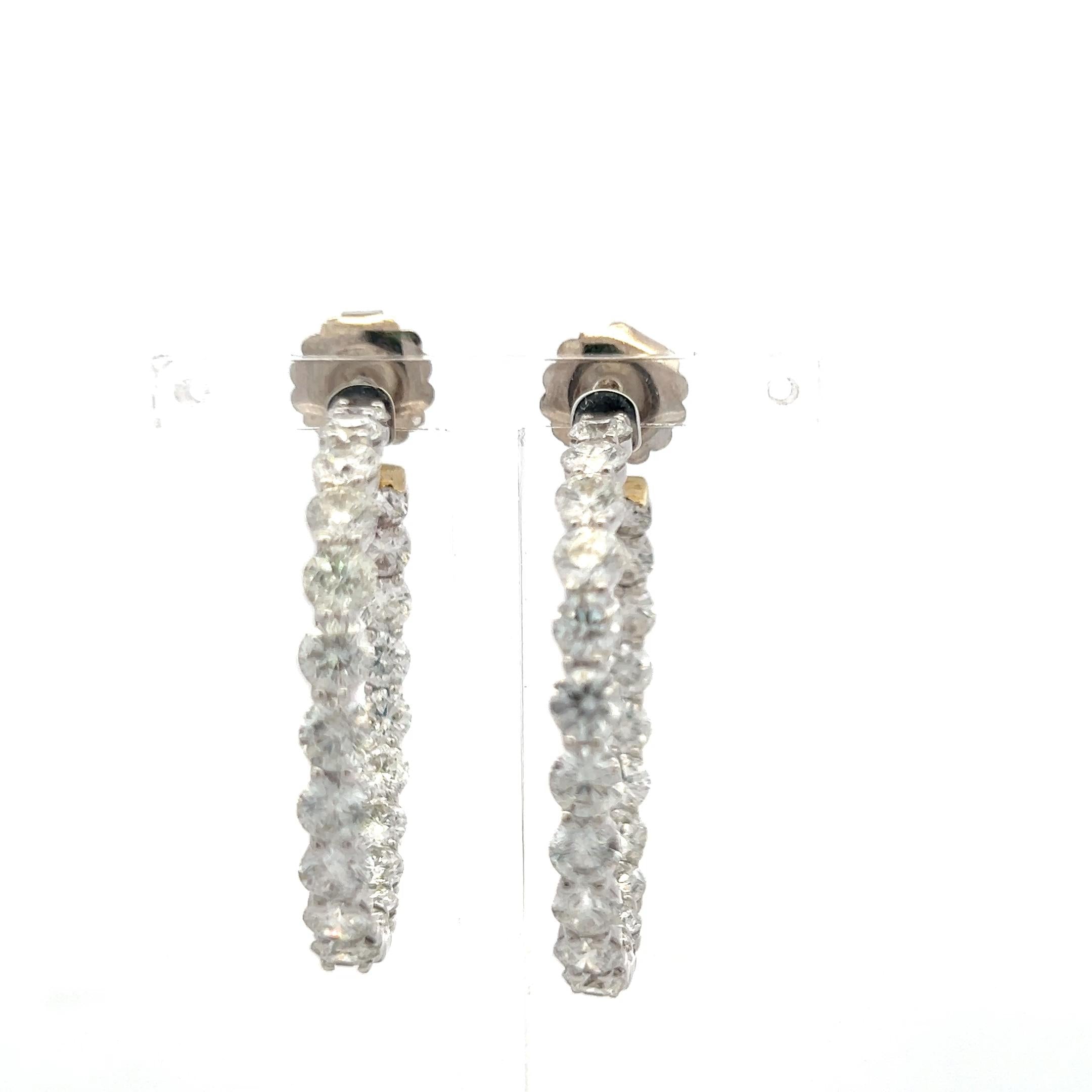 Vintage 14K White Gold Hoop Earrings with 11 Carat Round H-VS Diamonds 1.5 Inch