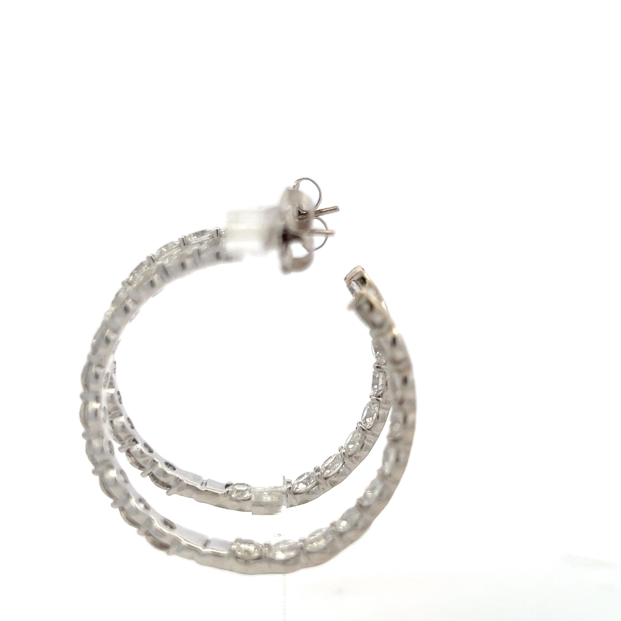 Vintage 14K White Gold Hoop Earrings with 11 Carat Round H-VS Diamonds 1.5 Inch