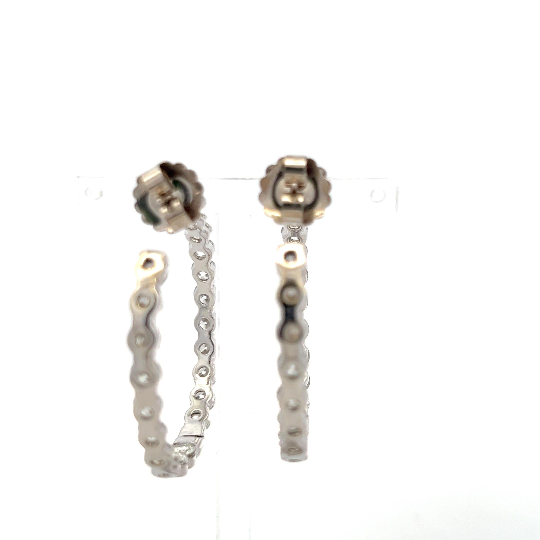 Vintage 14K White Gold Hoop Earrings with 11 Carat Round H-VS Diamonds 1.5 Inch