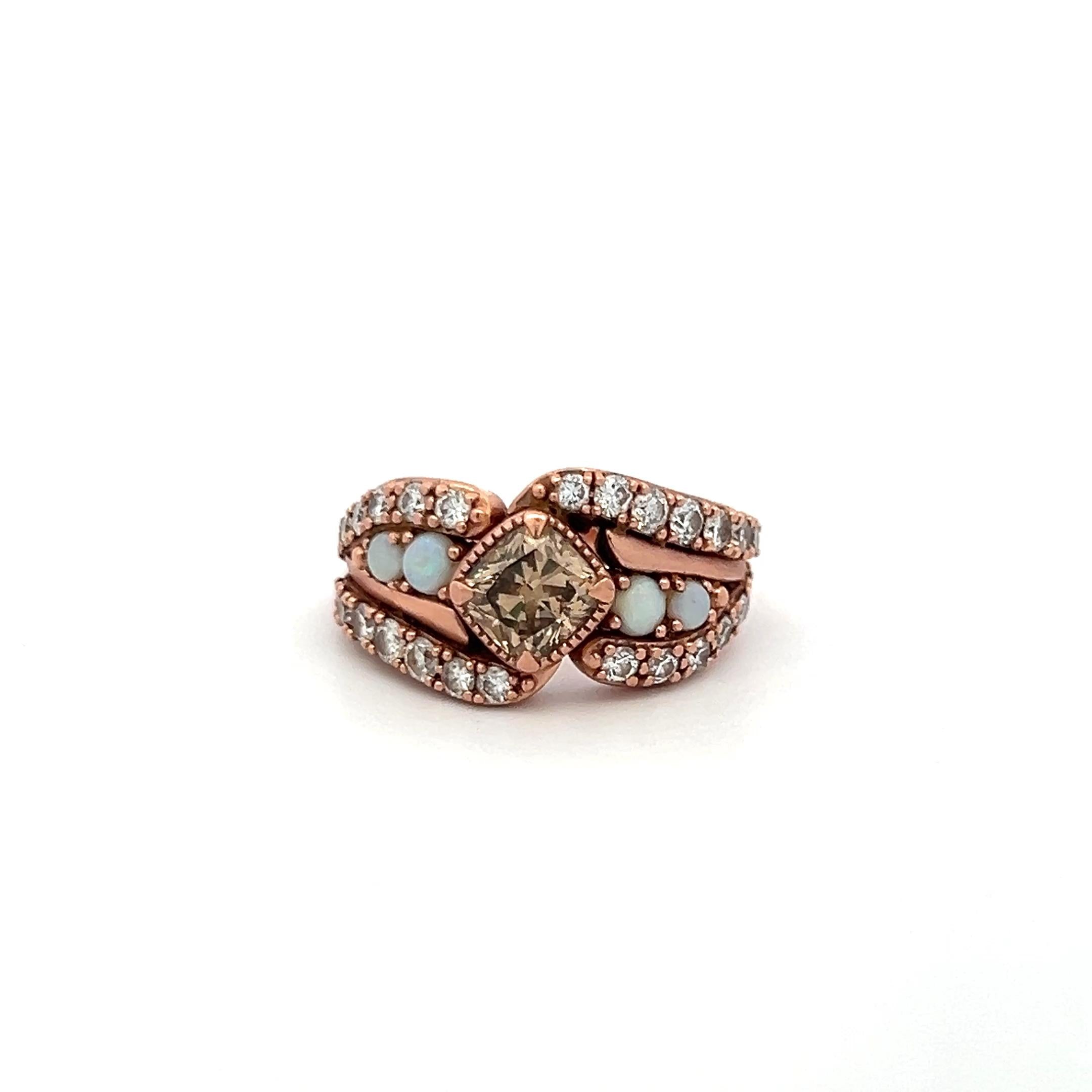 Vintage 14K RG Engagement Ring with 1.65 Carat Diamond & 0.35 Carat Opal Size 7
