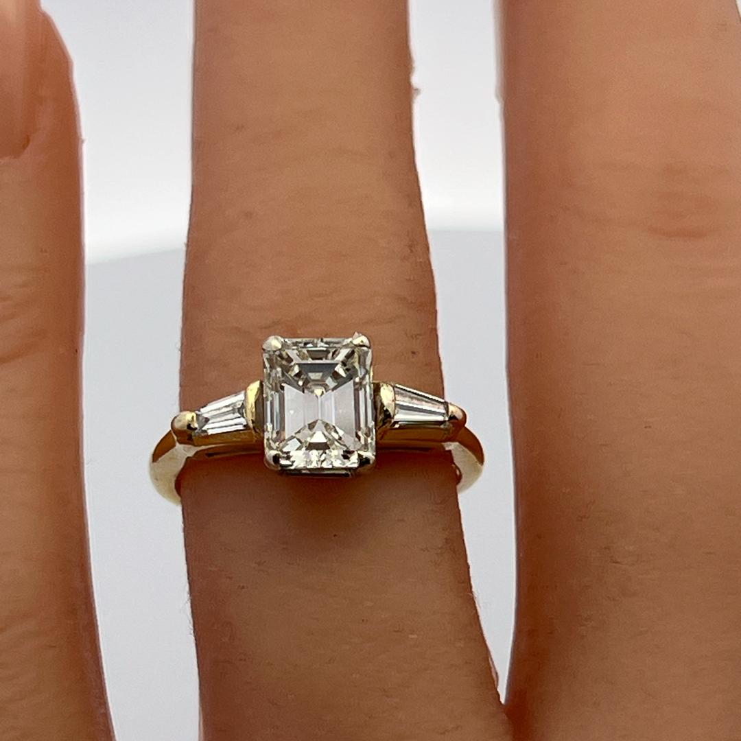 14K YG Engagement Ring with 1.98 Ct Tapered Baguette & Emerald Cut Diamonds GIA