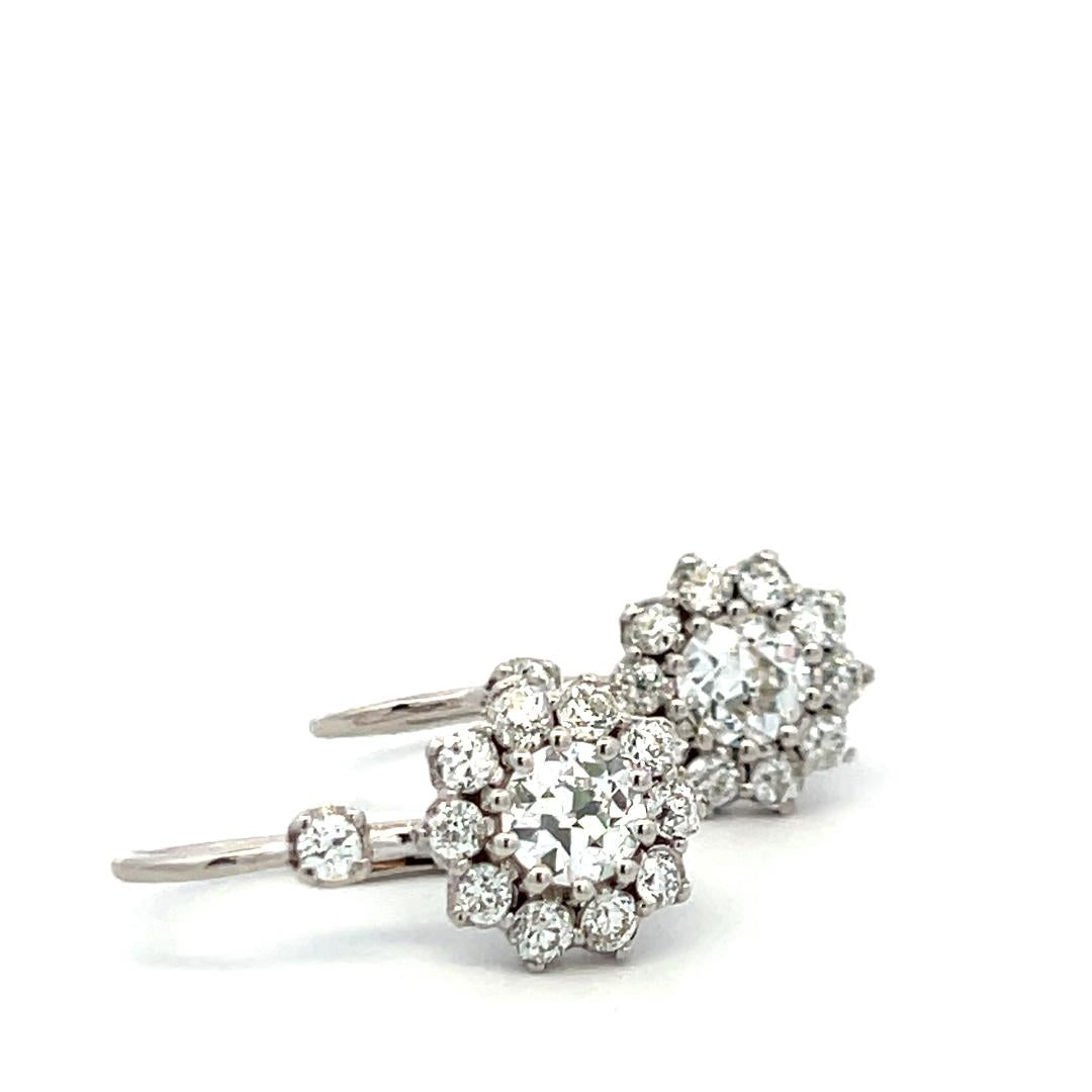 14K White Gold Leverback Earrings with 2.06 Carat Old European Cut GIA Diamonds