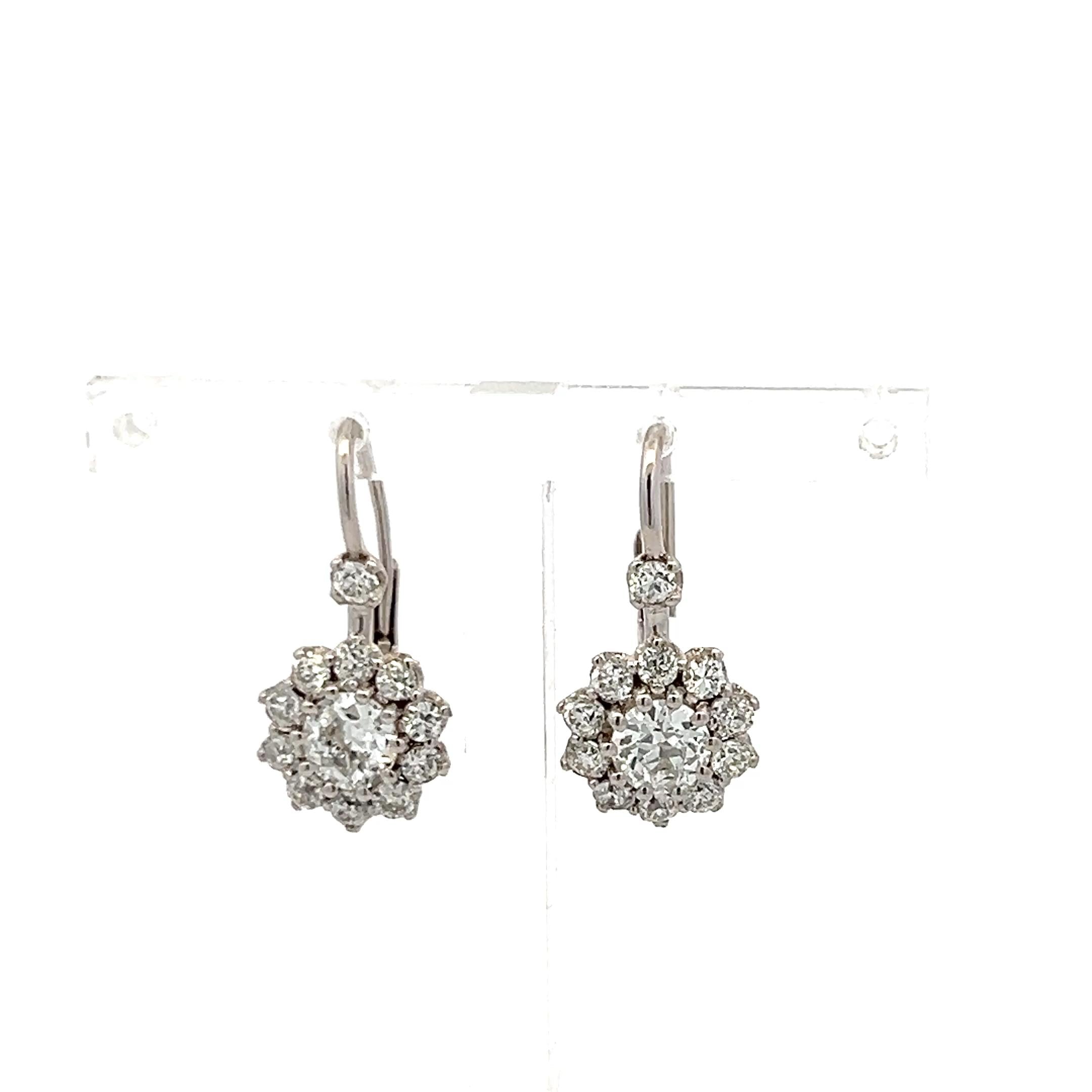14K White Gold Leverback Earrings with 2.06 Carat Old European Cut GIA Diamonds