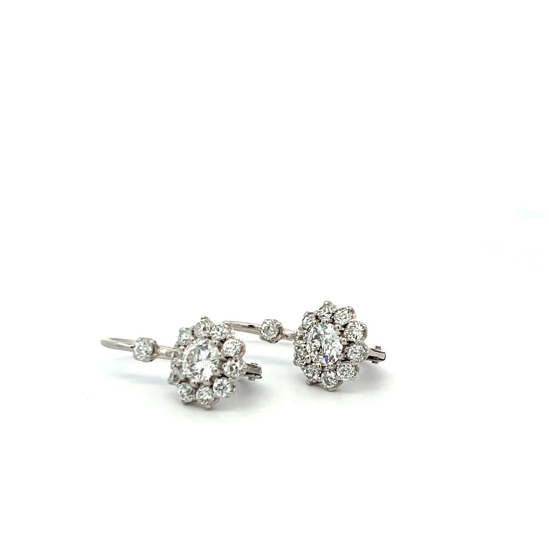 14K White Gold Leverback Earrings with 2.06 Carat Old European Cut GIA Diamonds