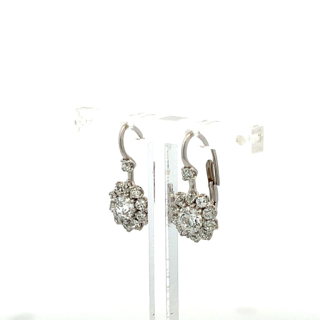14K White Gold Leverback Earrings with 2.06 Carat Old European Cut GIA Diamonds