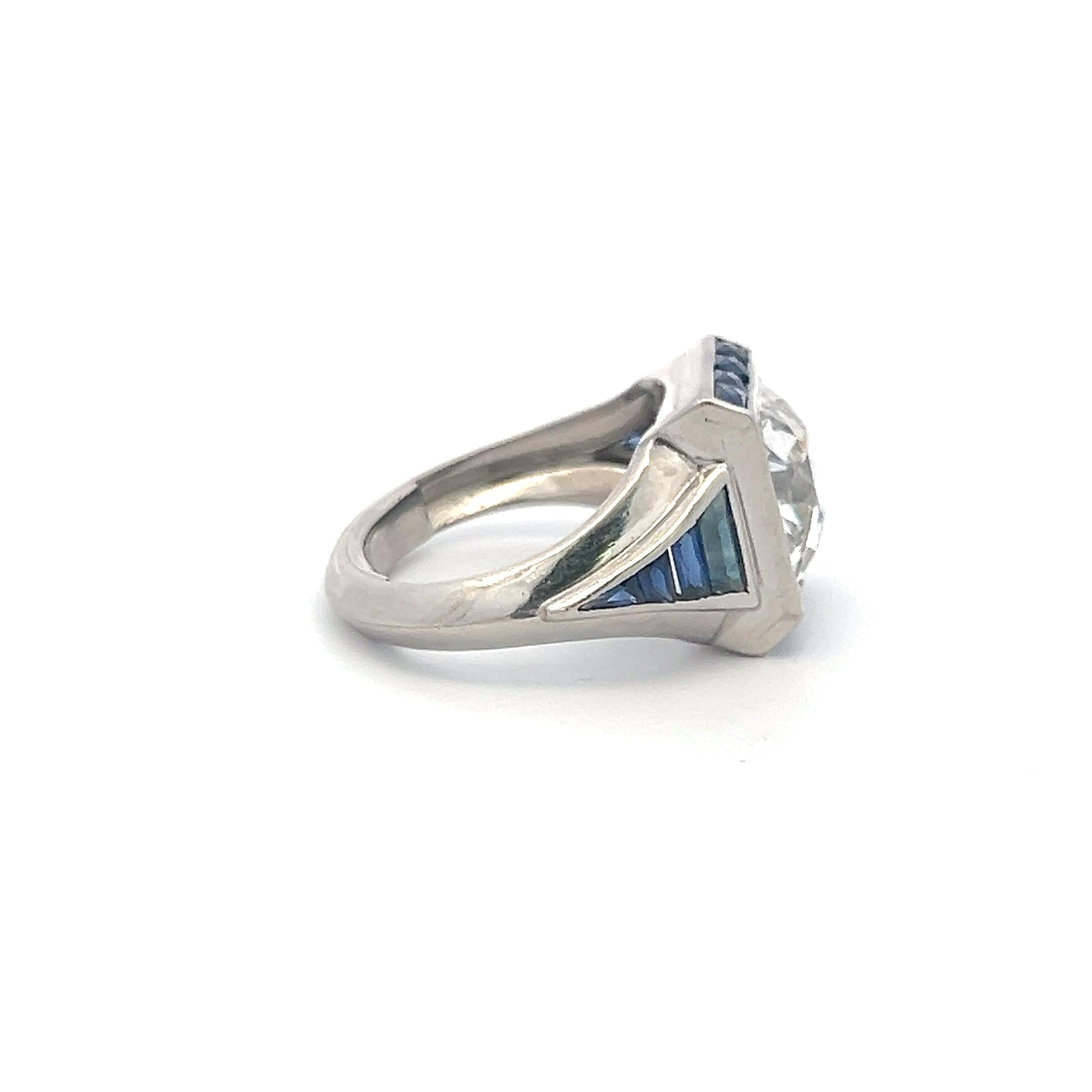 Platinum Engagement Ring with 3.92 Ct. Old Miner GIA Diamond & 1.04 Ct. Sapphire