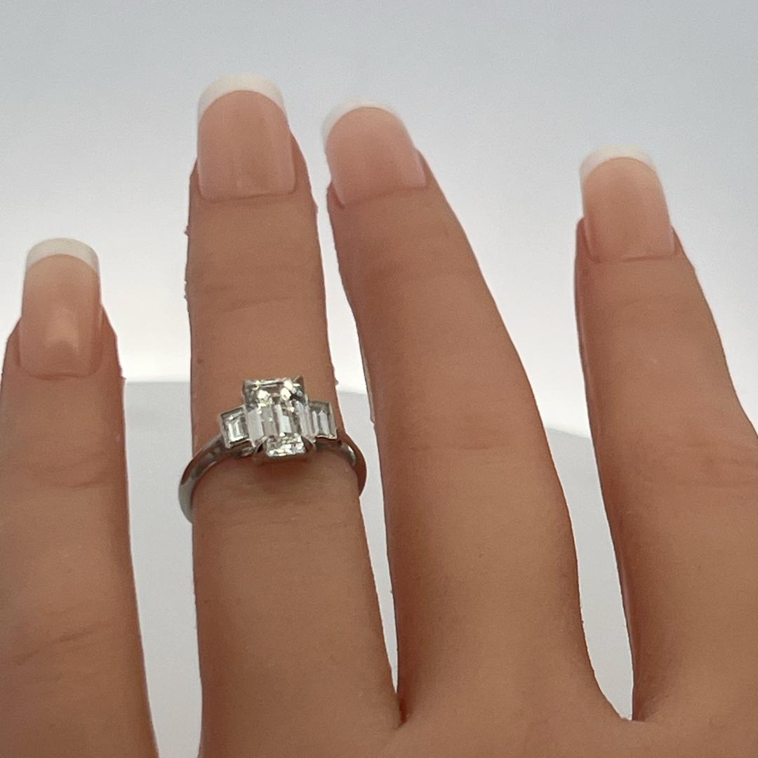 Platinum Three Stone Engagement Ring with 2.06 Carat Emerald Cut GIA Diamonds