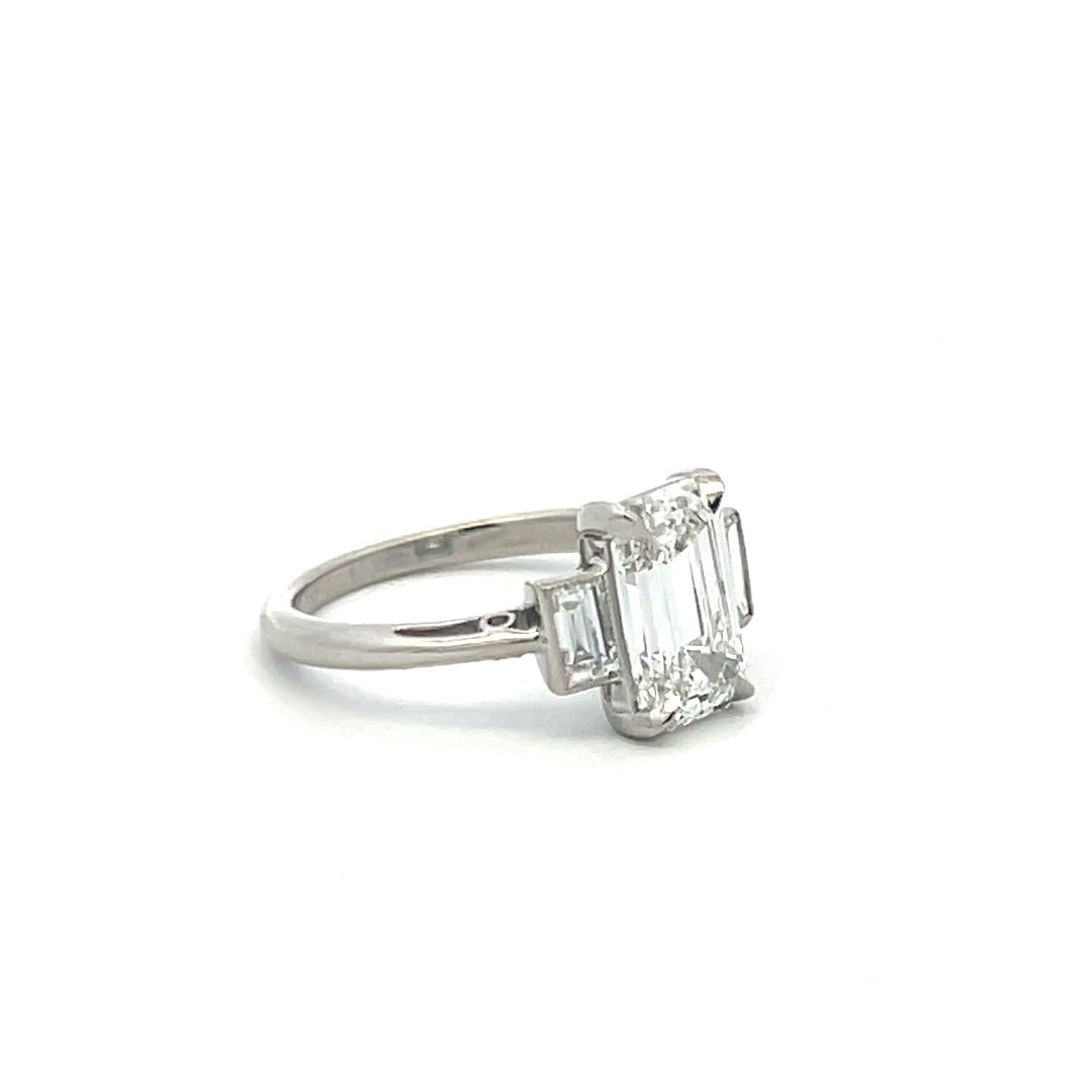 Platinum Three Stone Engagement Ring with 2.06 Carat Emerald Cut GIA Diamonds
