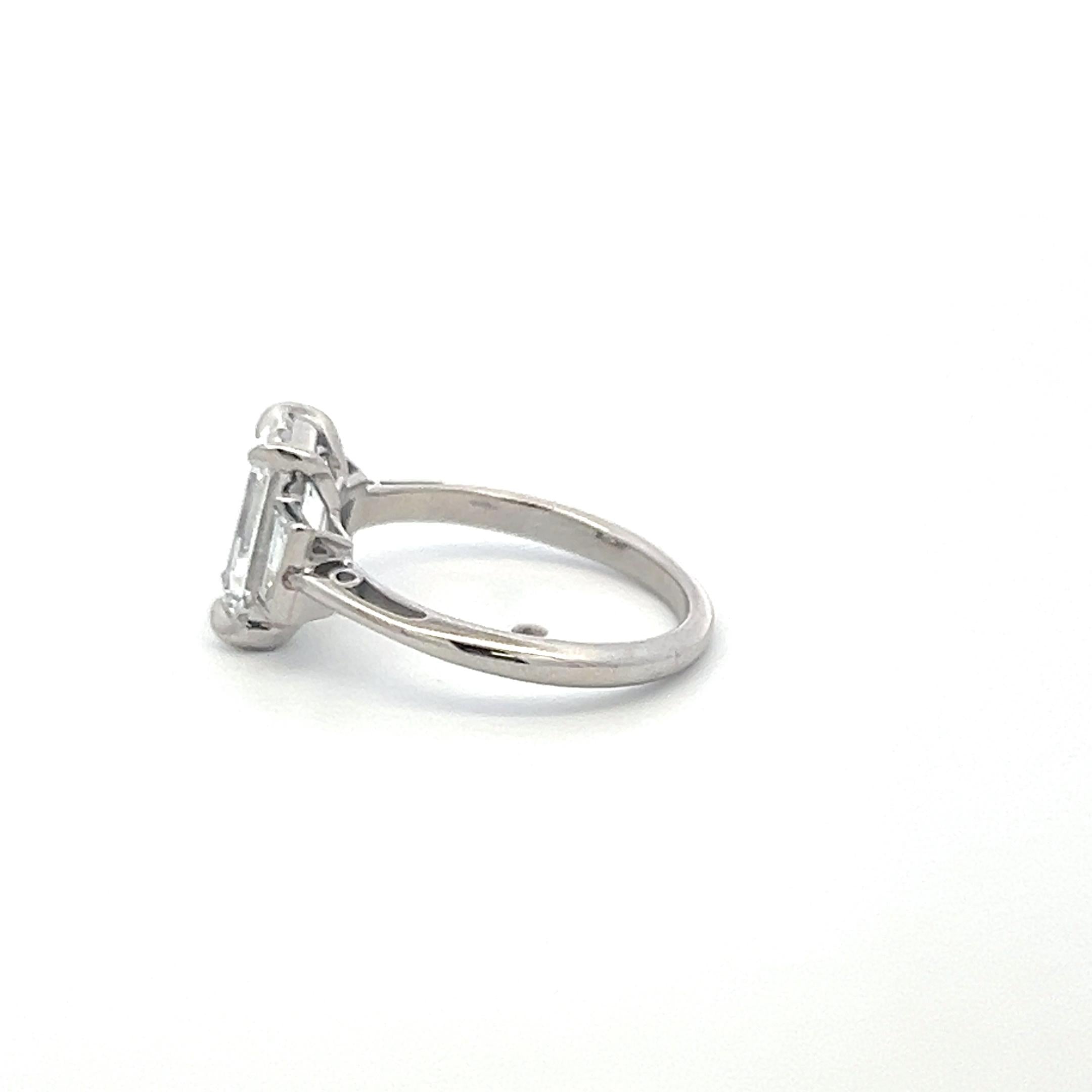 Platinum Three Stone Engagement Ring with 2.06 Carat Emerald Cut GIA Diamonds