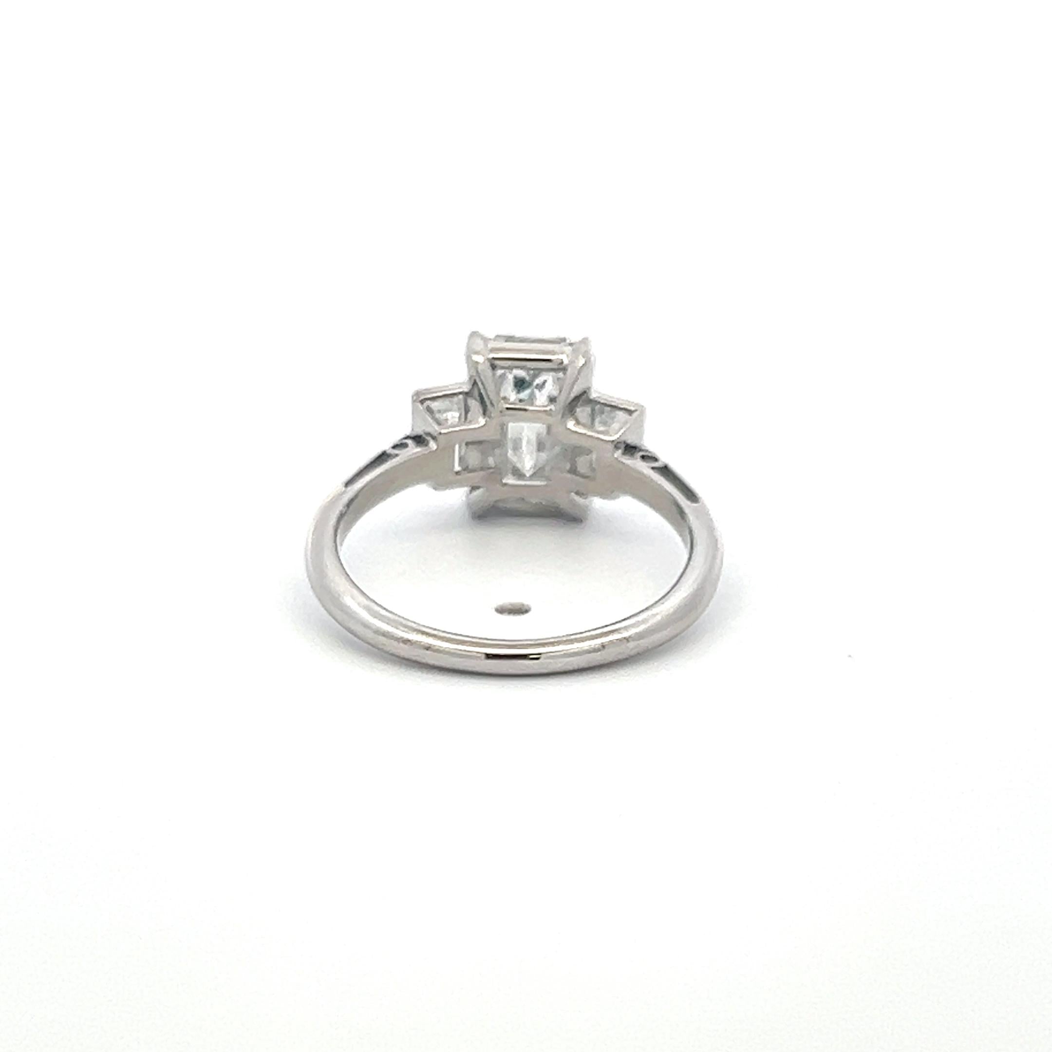 Platinum Three Stone Engagement Ring with 2.06 Carat Emerald Cut GIA Diamonds
