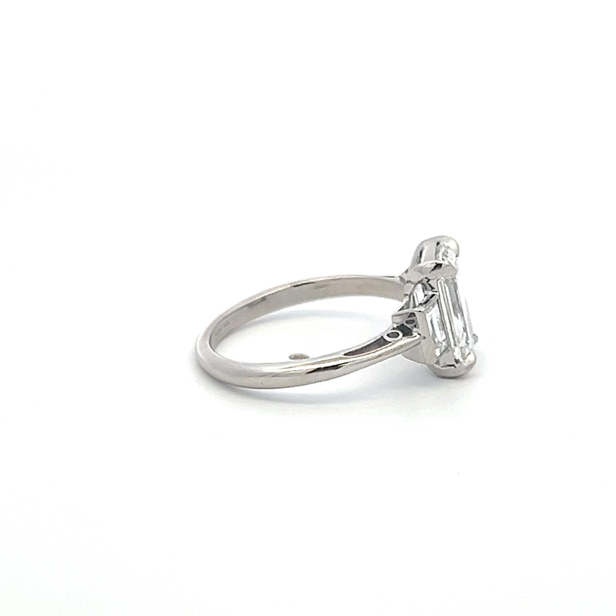 Platinum Three Stone Engagement Ring with 2.06 Carat Emerald Cut GIA Diamonds