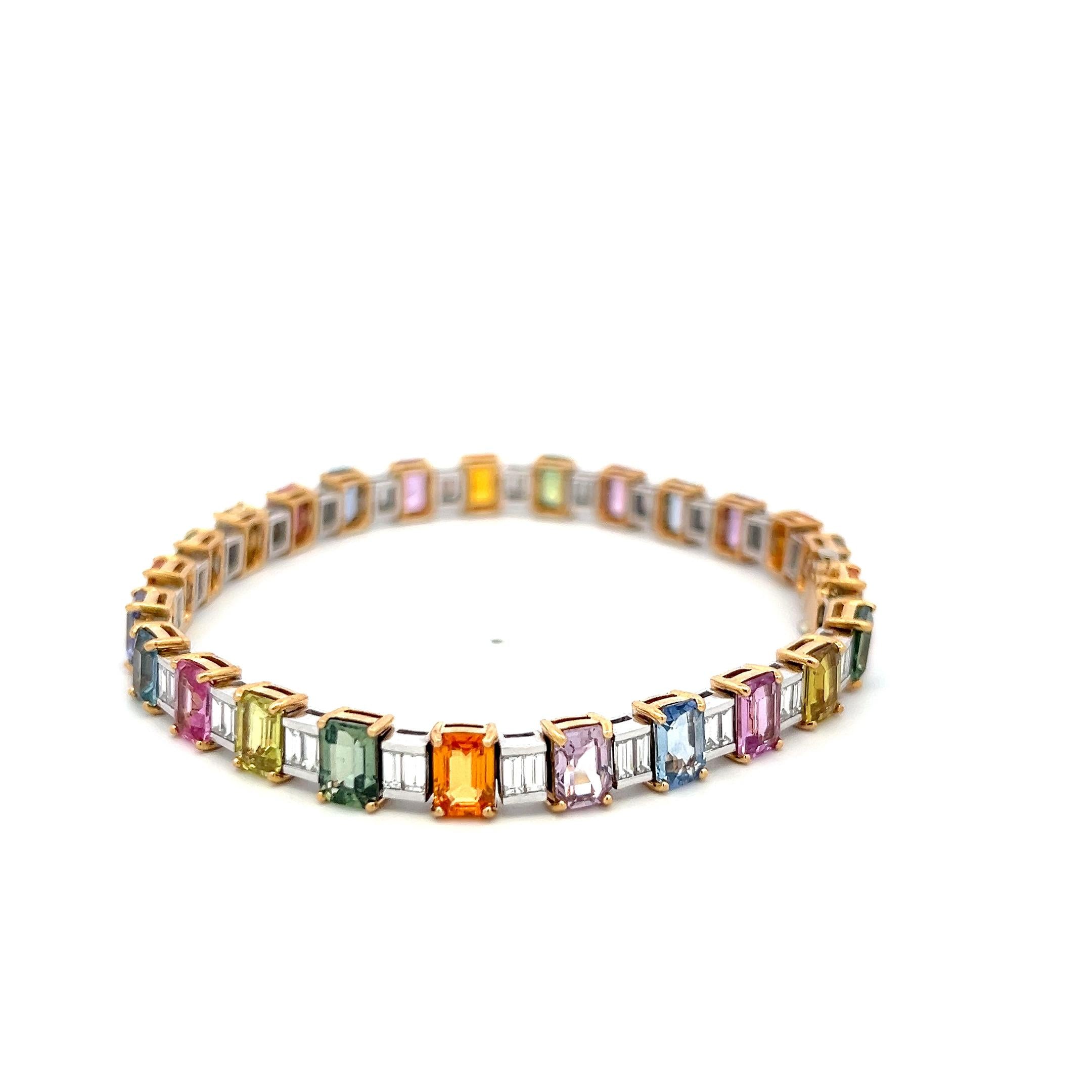 18K Two Tone Gold Tennis Bracelet with 3.8ct Baguette Diamond & 20.14ct Sapphire