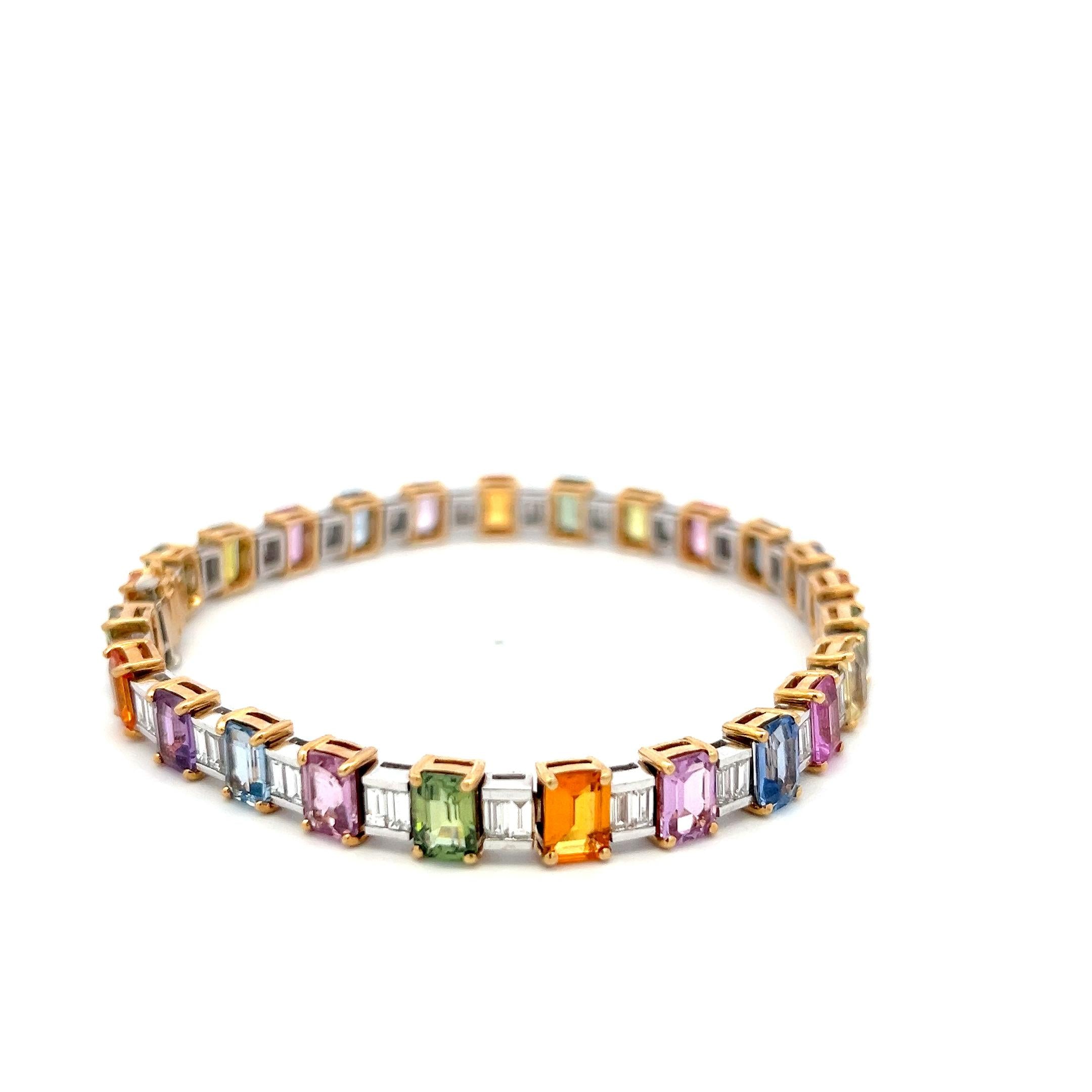 18K Two Tone Gold Tennis Bracelet with 3.8ct Baguette Diamond & 20.14ct Sapphire