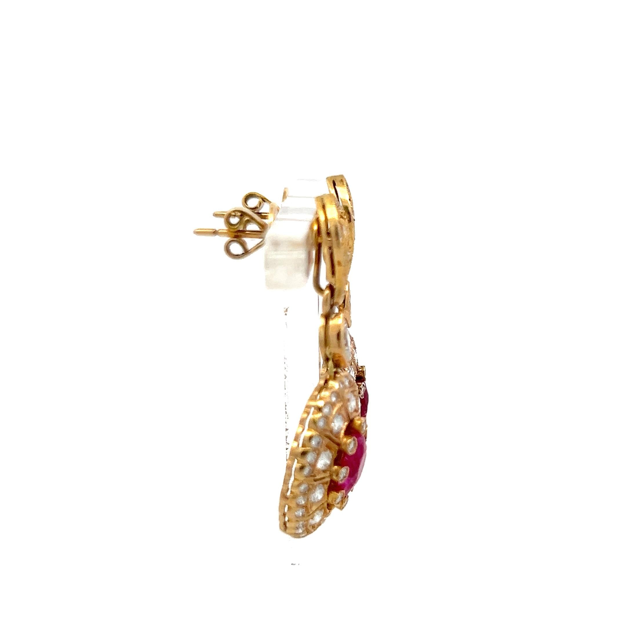 18K YG Drop Earrings with 0.83ct Round & Marquis Diamonds & 1.5ct Oval Ruby GIA