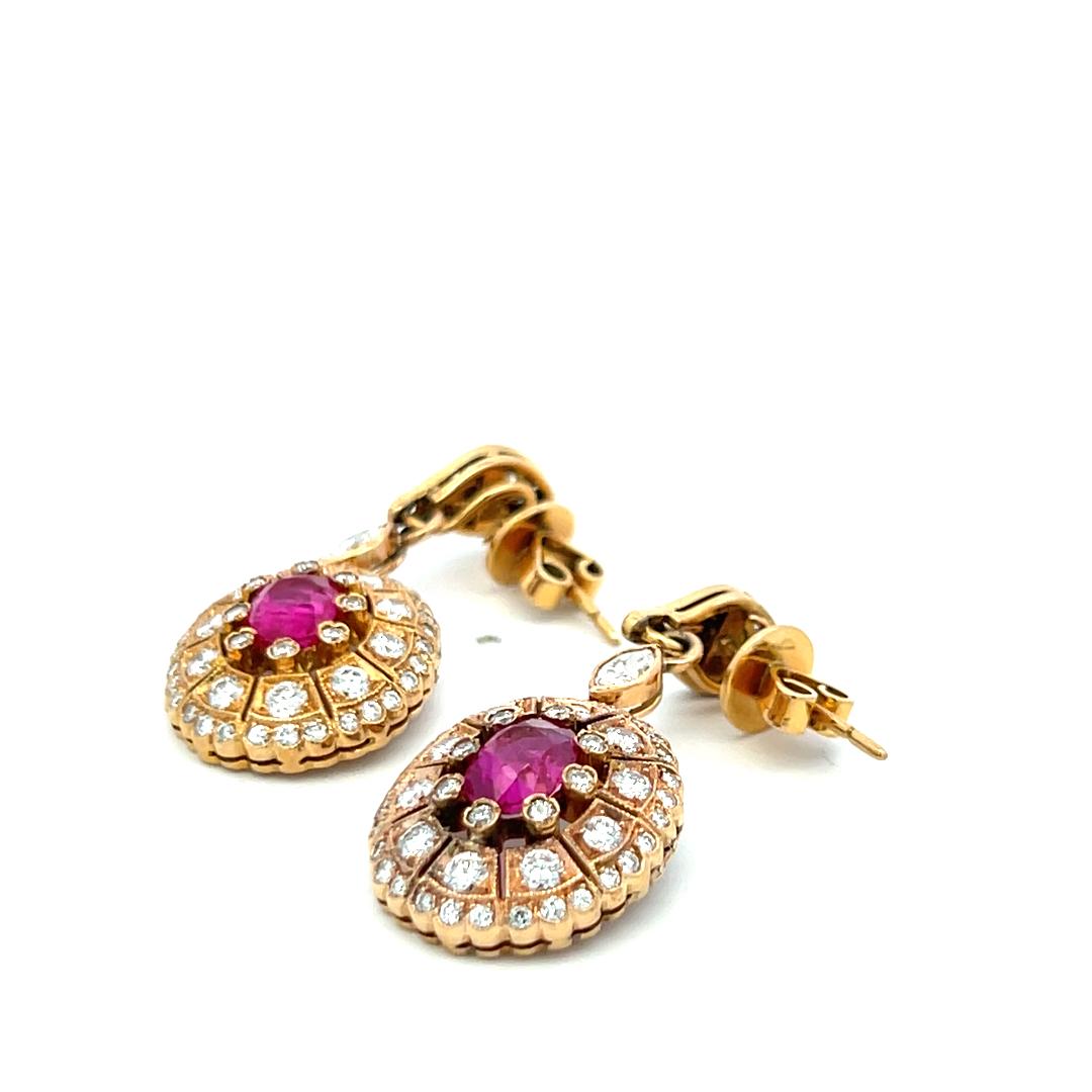 Estate 18K YG Drop Earrings with 0.83 Carat Diamonds & 1.5 Carat Oval GIA Ruby