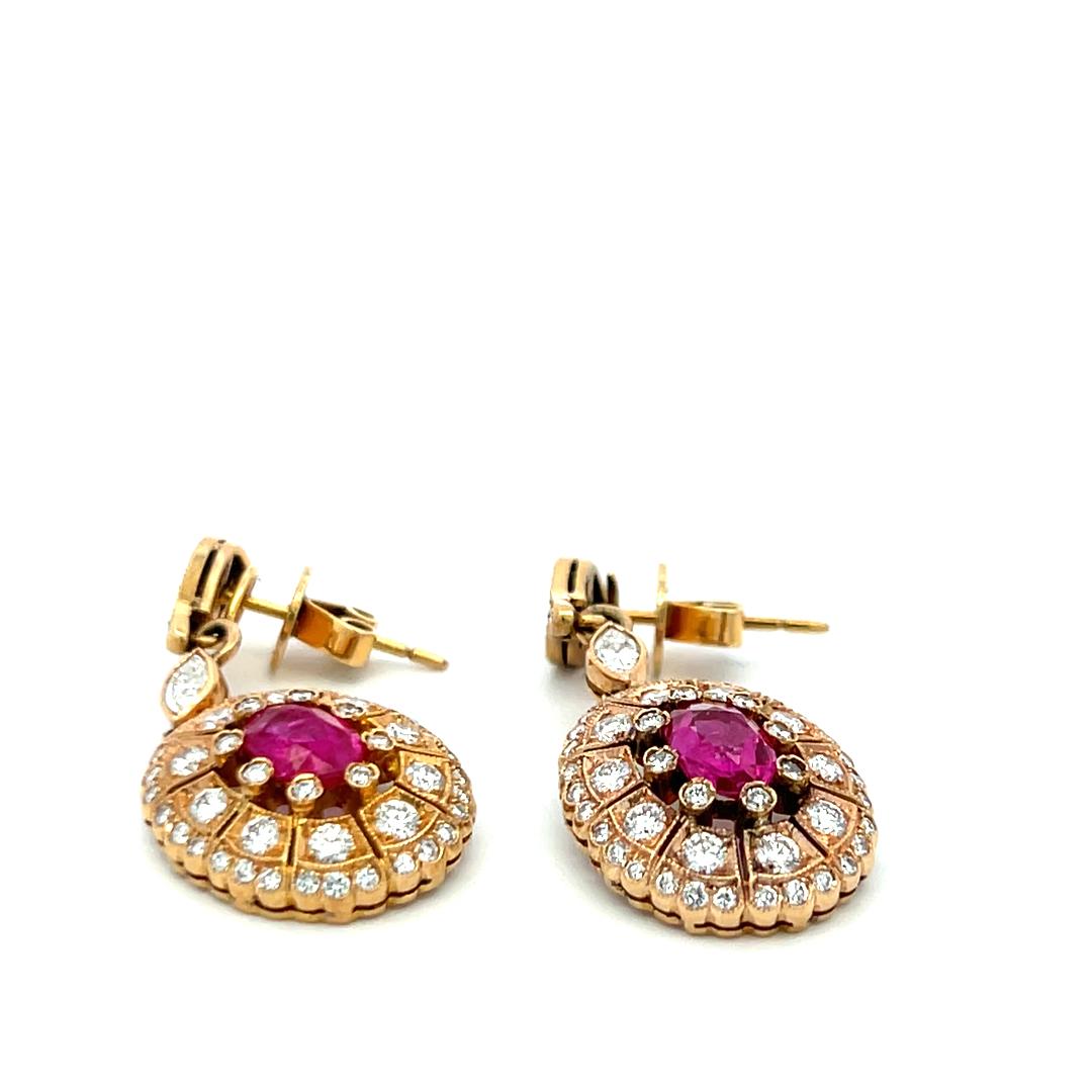 Estate 18K YG Drop Earrings with 0.83 Carat Diamonds & 1.5 Carat Oval GIA Ruby