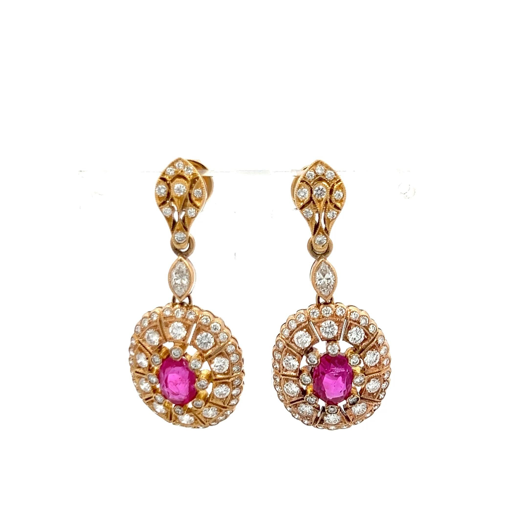 18K YG Drop Earrings with 0.83ct Round & Marquis Diamonds & 1.5ct Oval Ruby GIA
