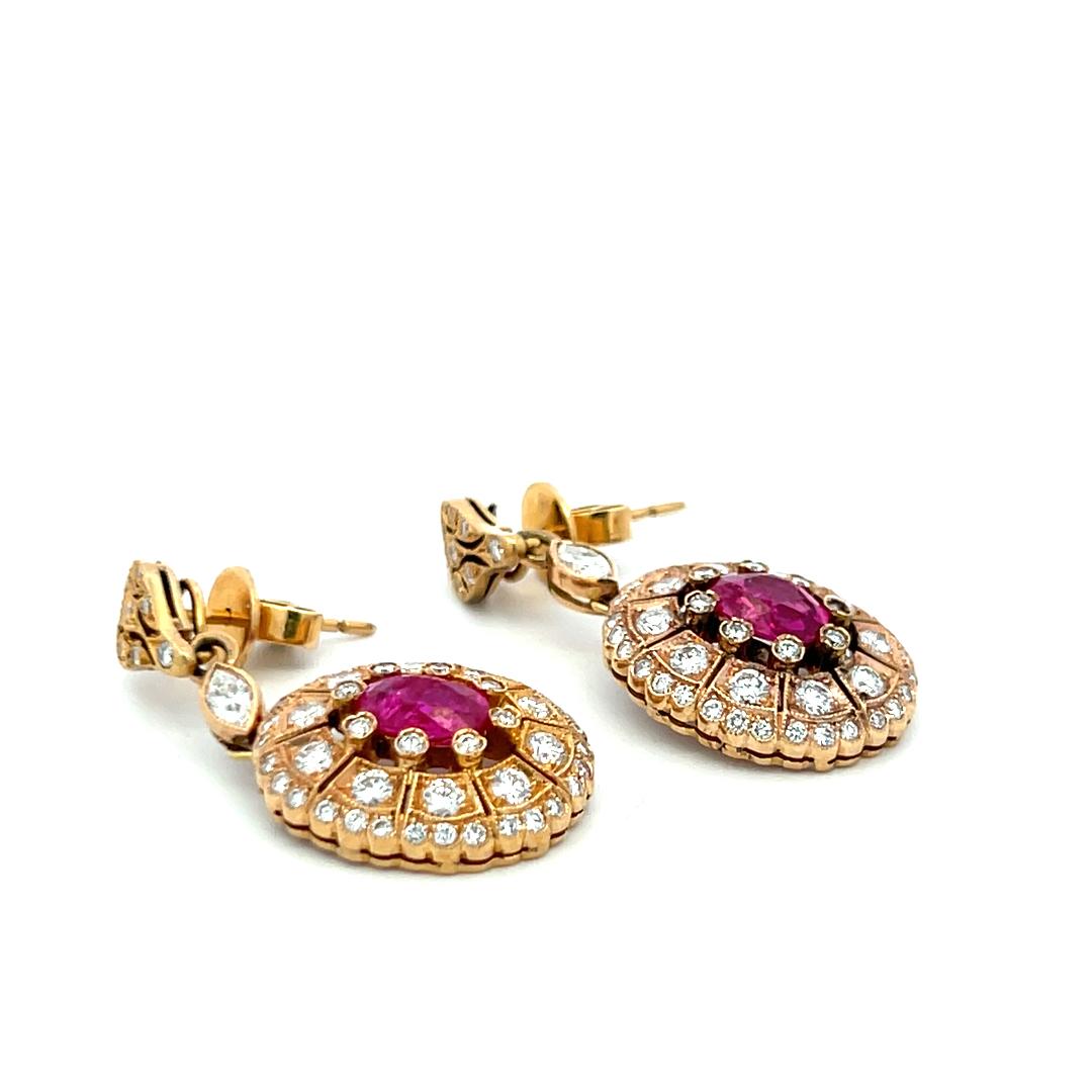 Estate 18K YG Drop Earrings with 0.83 Carat Diamonds & 1.5 Carat Oval GIA Ruby