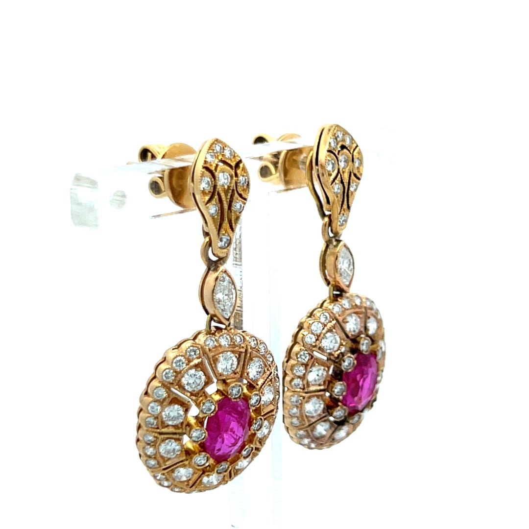 18K YG Drop Earrings with 0.83ct Round & Marquis Diamonds & 1.5ct Oval Ruby GIA