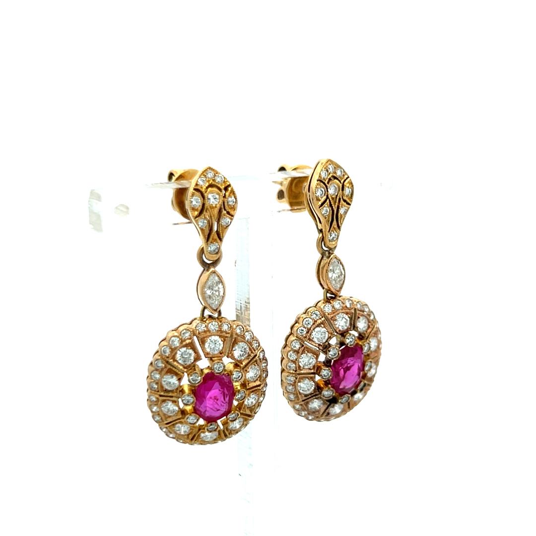 18K YG Drop Earrings with 0.83ct Round & Marquis Diamonds & 1.5ct Oval Ruby GIA