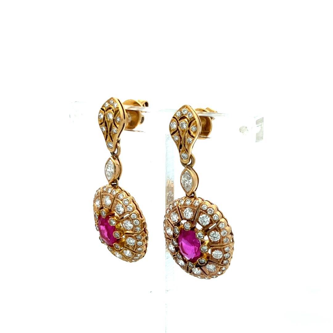 Estate 18K YG Drop Earrings with 0.83 Carat Diamonds & 1.5 Carat Oval GIA Ruby