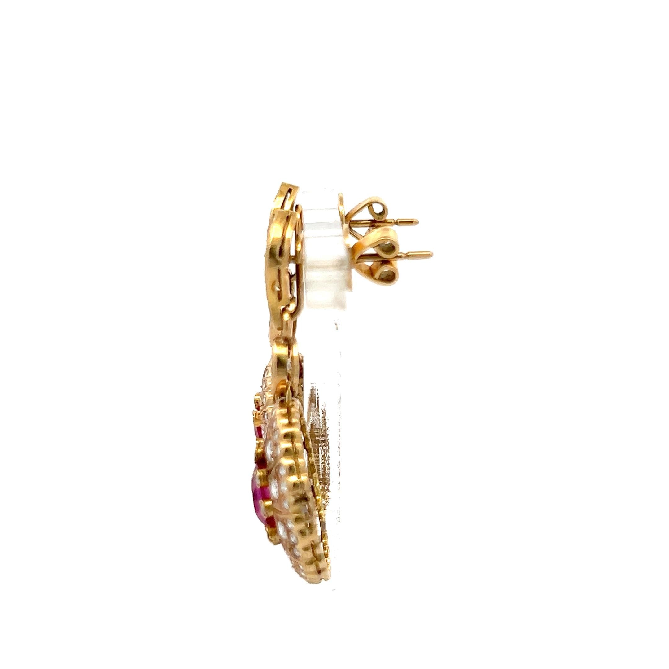 18K YG Drop Earrings with 0.83ct Round & Marquis Diamonds & 1.5ct Oval Ruby GIA