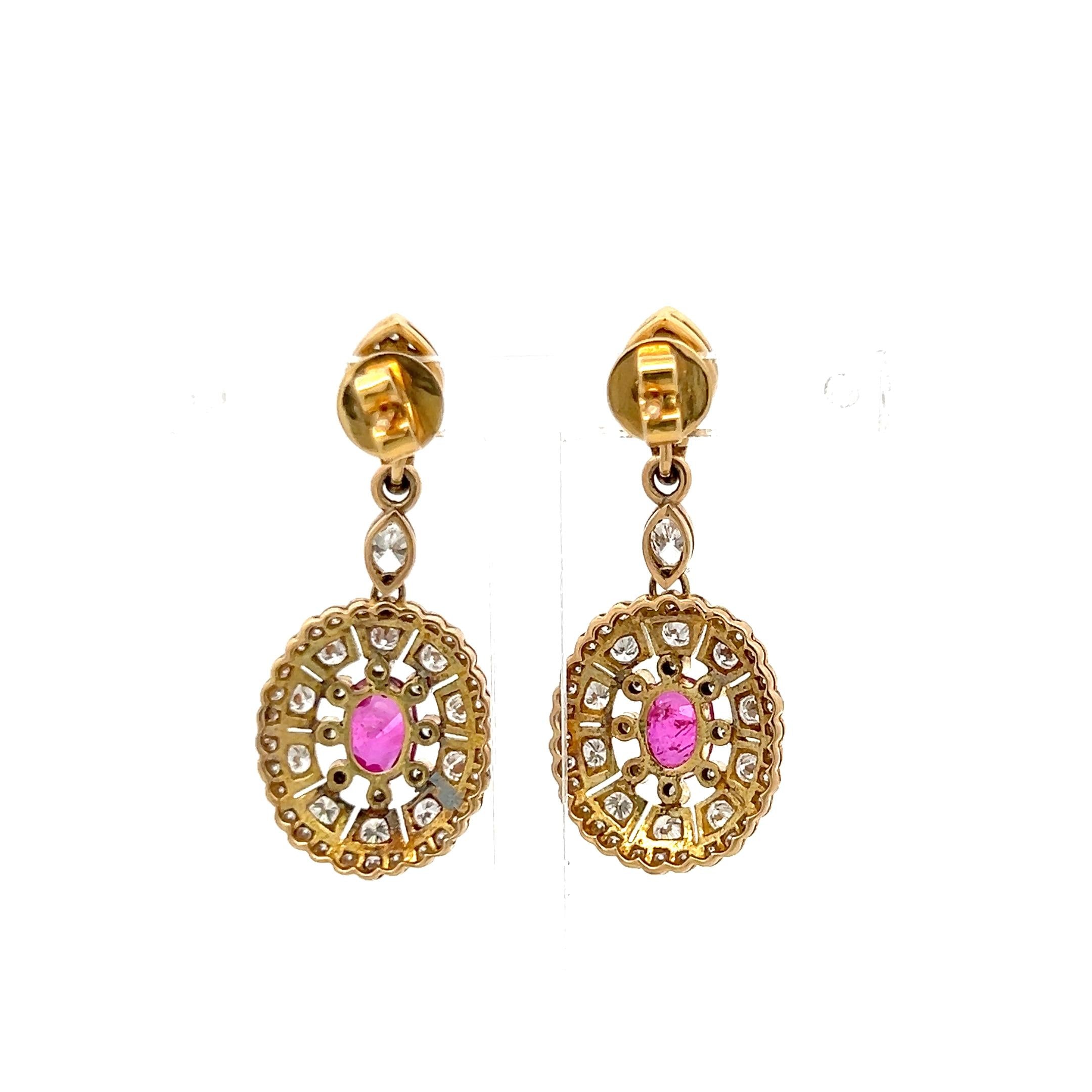 18K YG Drop Earrings with 0.83ct Round & Marquis Diamonds & 1.5ct Oval Ruby GIA