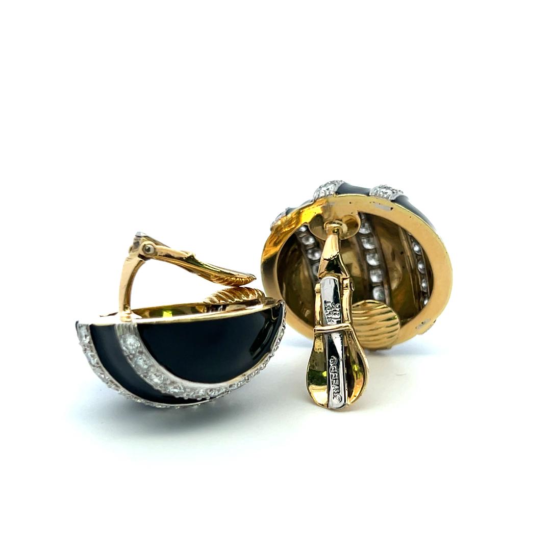 David Webb 18K Yellow Gold  Clip On Earrings Enamel 3.6 Carat Round Diamonds