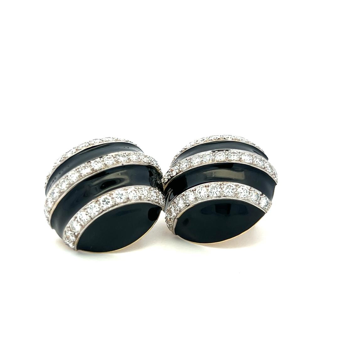 David Webb 18K Yellow Gold  Clip On Earrings Enamel 3.6 Carat Round Diamonds