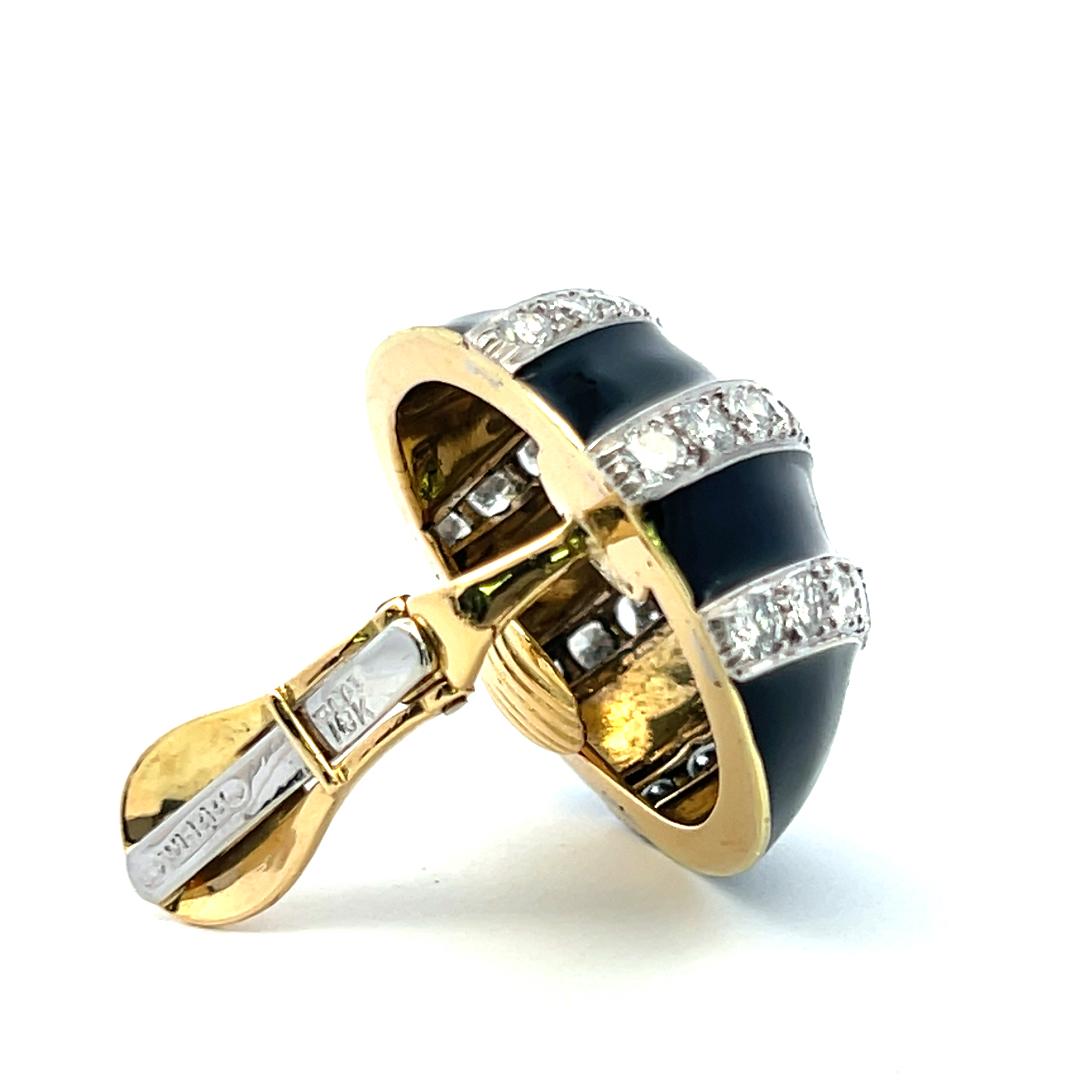 David Webb 18K Yellow Gold  Clip On Earrings Enamel 3.6 Carat Round Diamonds