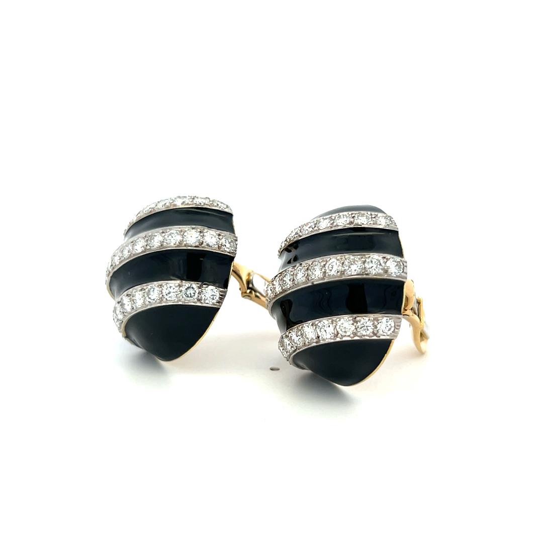 David Webb 18K Yellow Gold  Clip On Earrings Enamel 3.6 Carat Round Diamonds