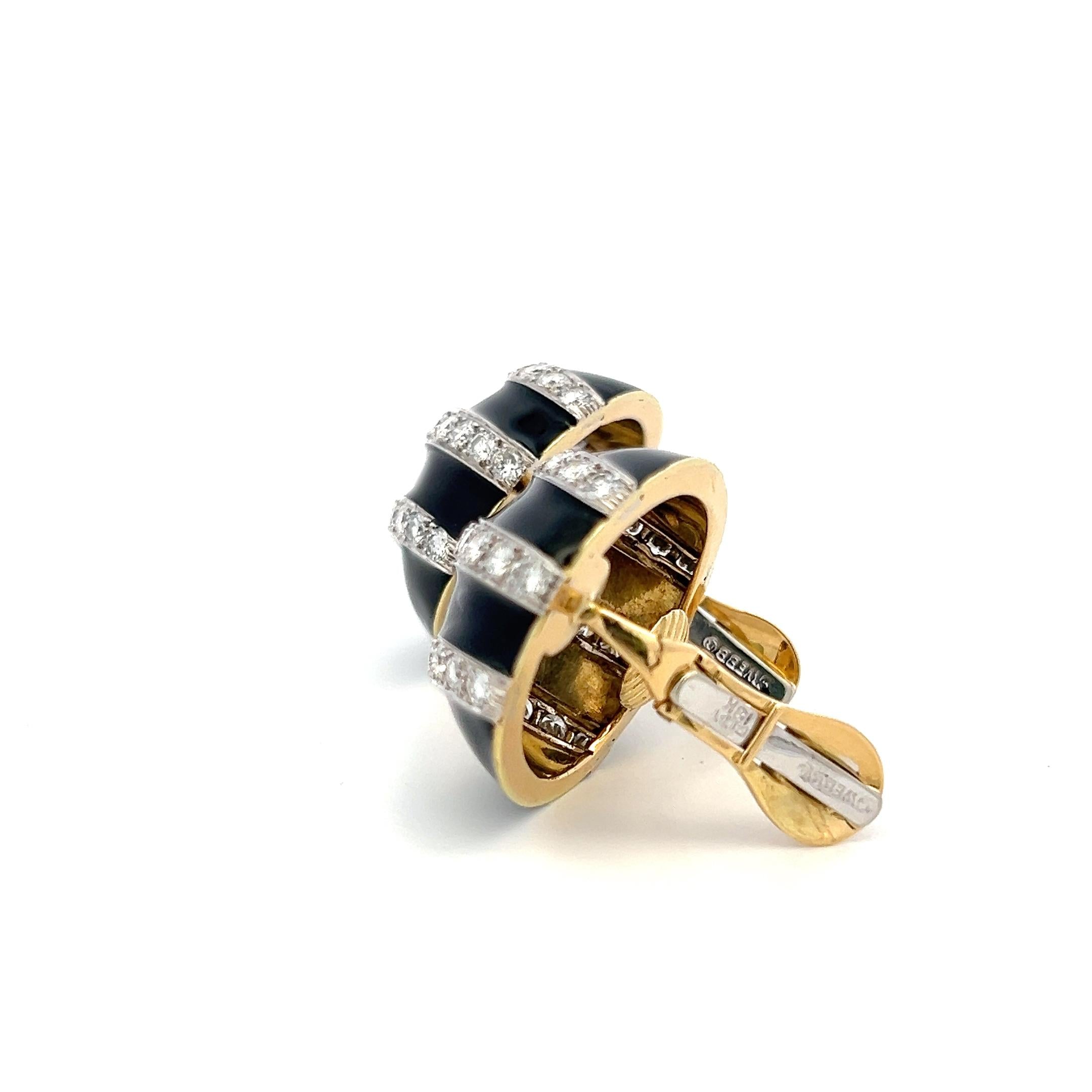 David Webb 18K Yellow Gold  Clip On Earrings Enamel 3.6 Carat Round Diamonds