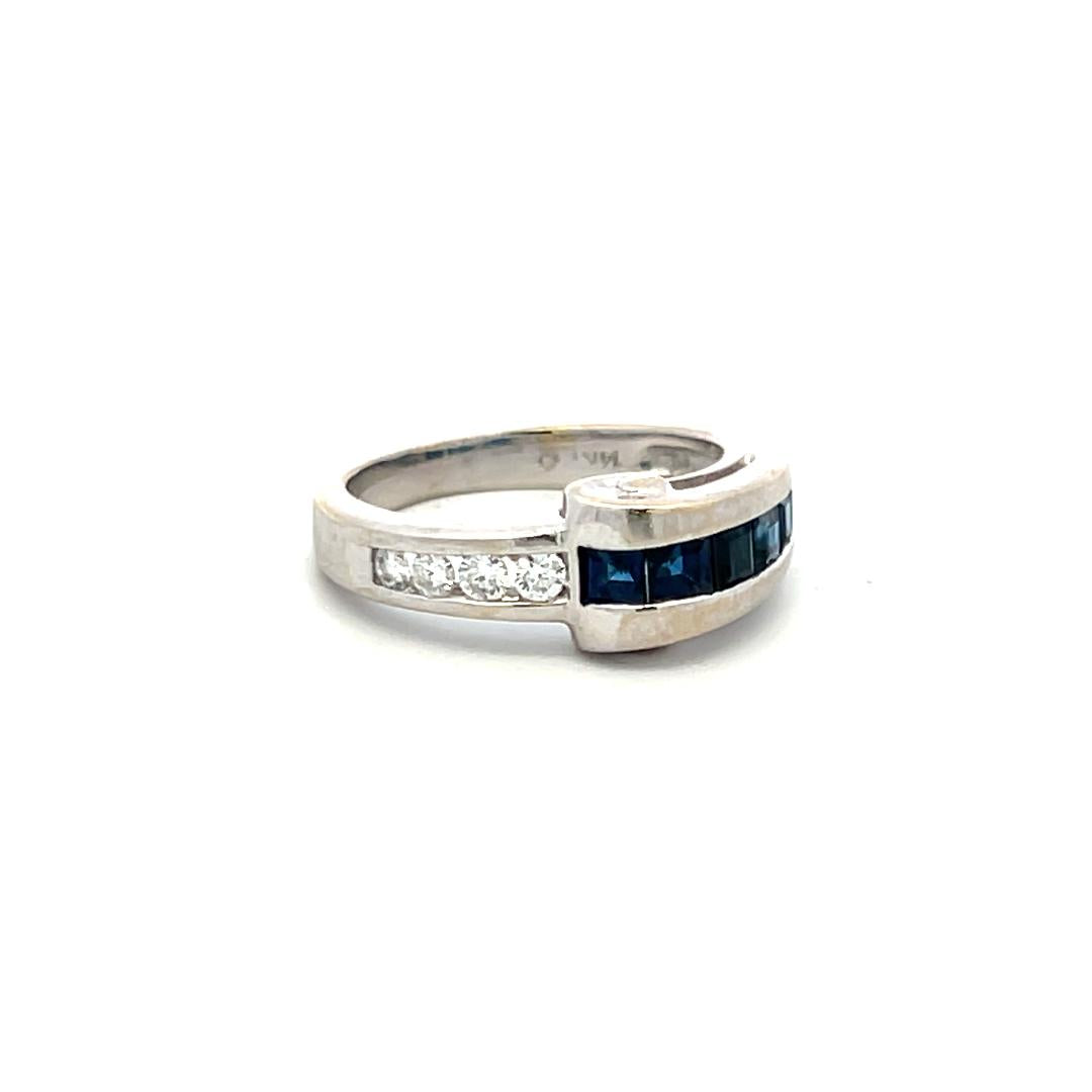 Vintage 14K White Gold Band Ring with 0.1 Carat Diamond and 0.35 Carat Sapphire