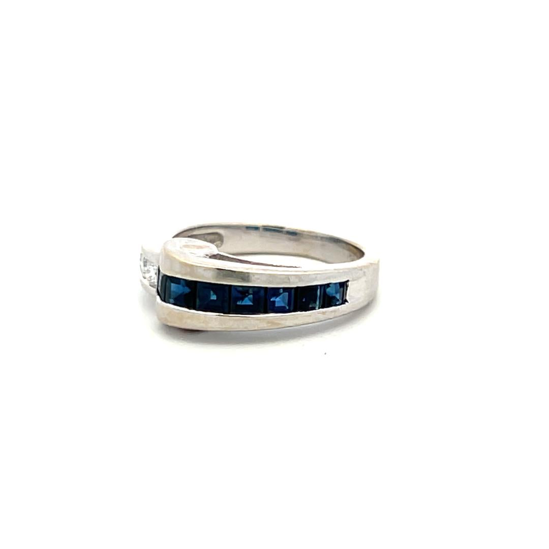 Vintage 14K White Gold Band Ring with 0.1 Carat Diamond and 0.35 Carat Sapphire
