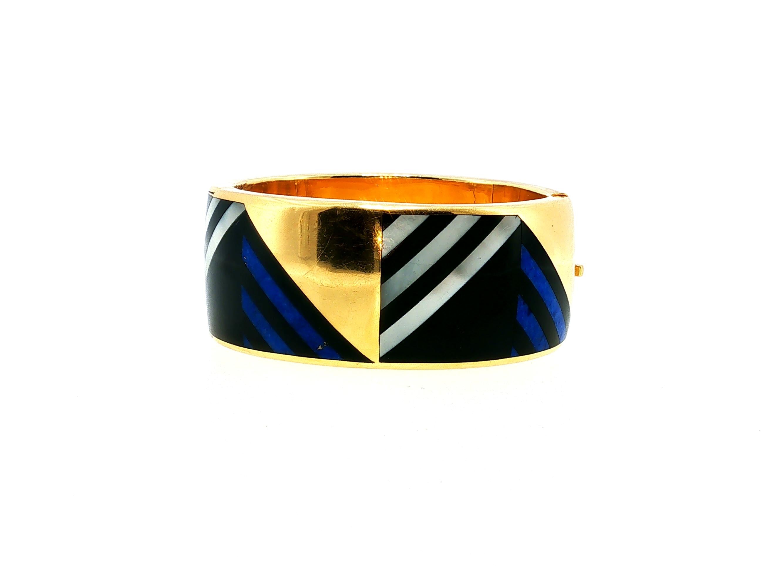 Tiffany & Co Vintage 18K Yellow Gold MOP Lapis Enamel Bangle Bracelet 88.4 Grams