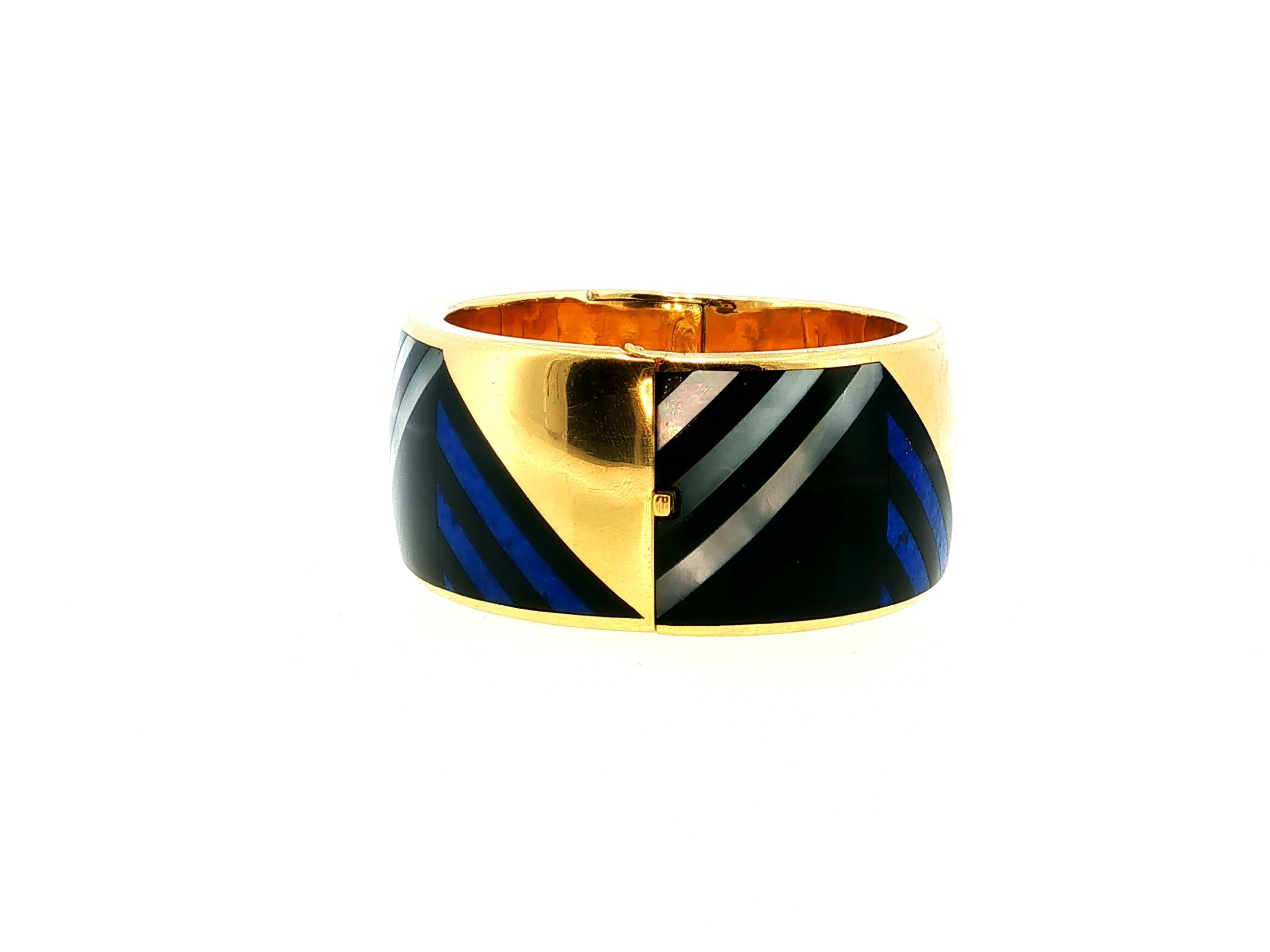 Tiffany & Co Vintage 18K Yellow Gold MOP Lapis Enamel Bangle Bracelet 88.4 Grams