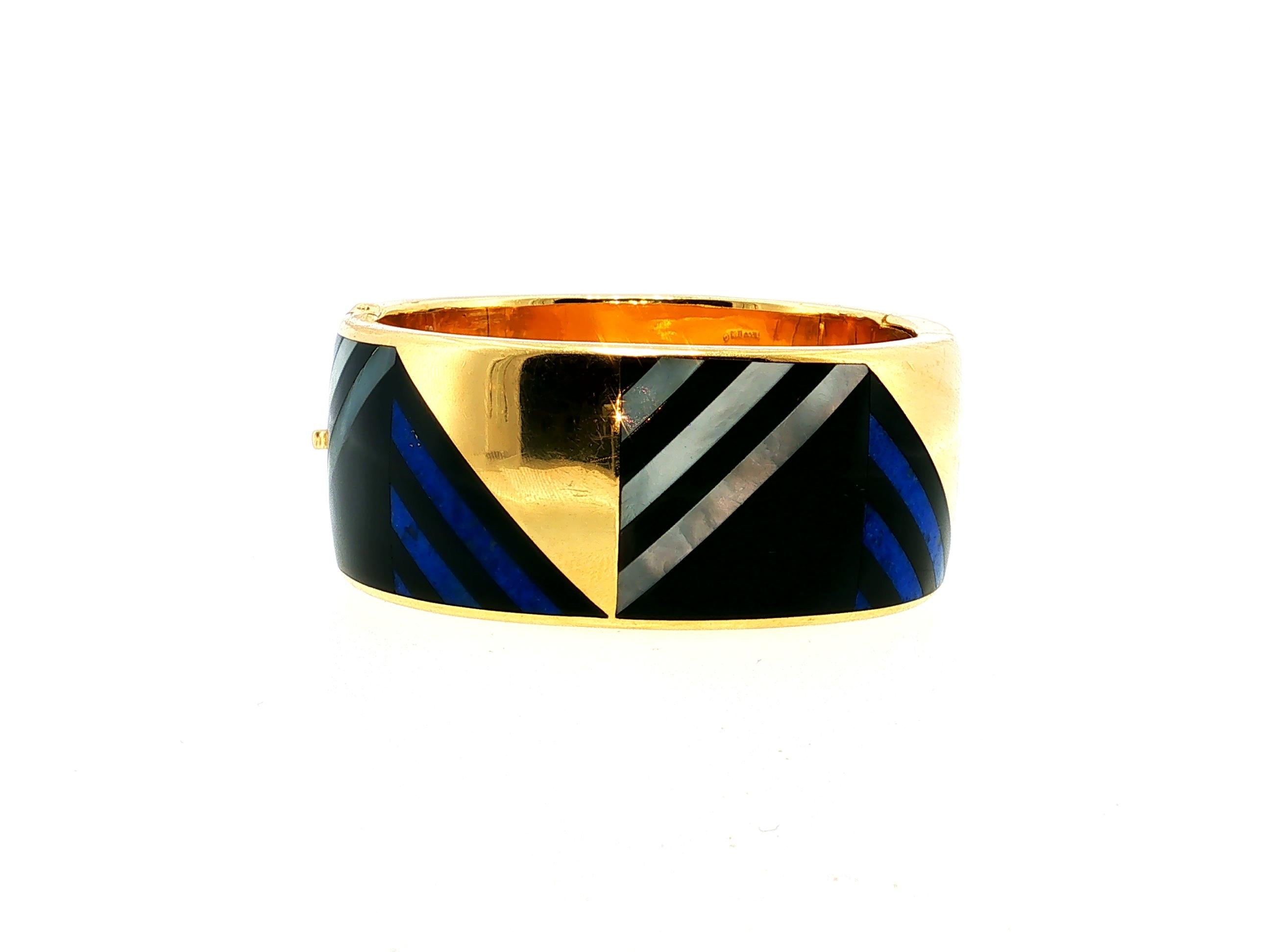 Tiffany & Co Vintage 18K Yellow Gold MOP Lapis Enamel Bangle Bracelet 88.4 Grams