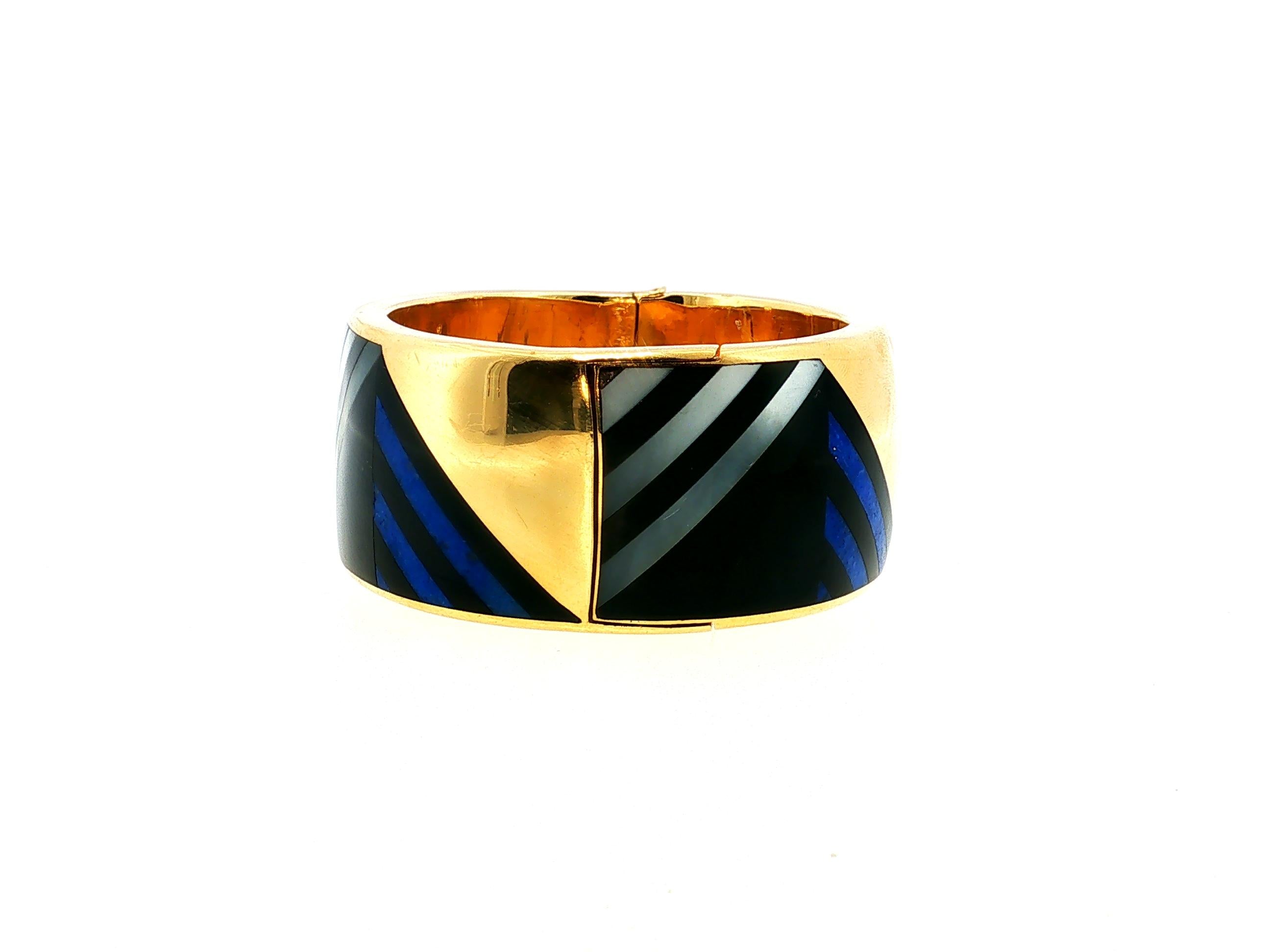 Tiffany & Co Vintage 18K Yellow Gold MOP Lapis Enamel Bangle Bracelet 88.4 Grams