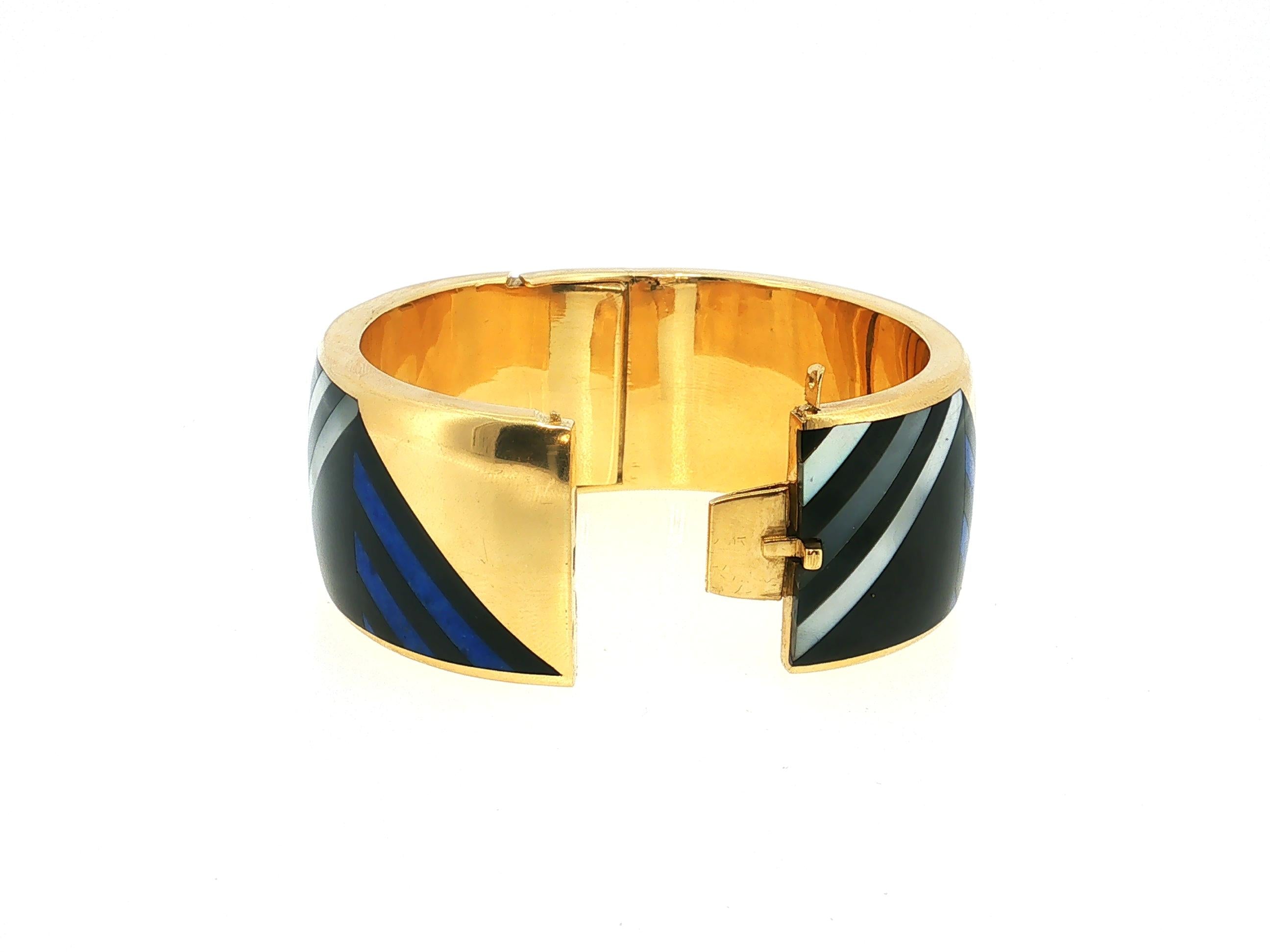 Tiffany & Co Vintage 18K Yellow Gold MOP Lapis Enamel Bangle Bracelet 88.4 Grams