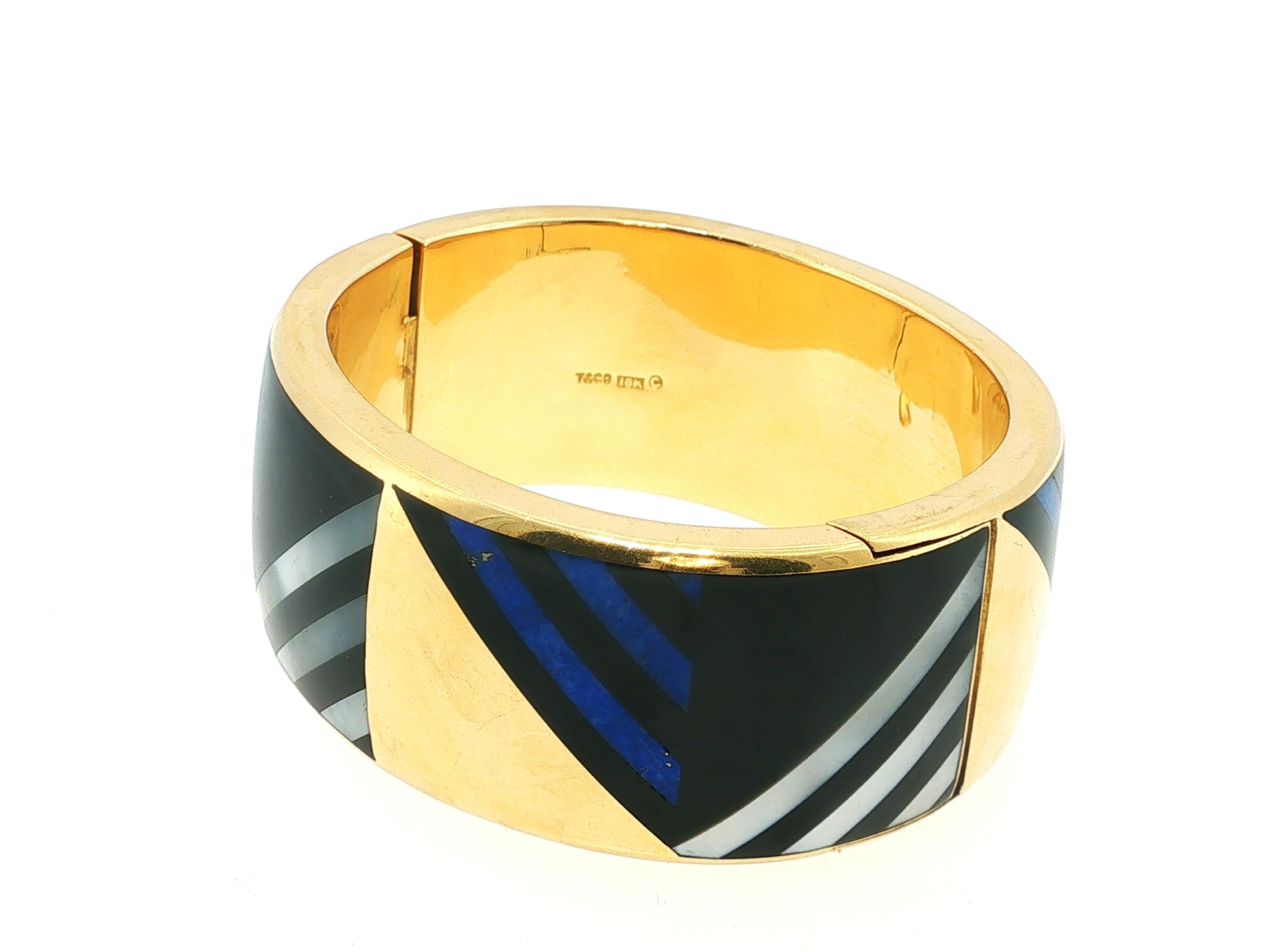 Tiffany & Co Vintage 18K Yellow Gold MOP Lapis Enamel Bangle Bracelet 88.4 Grams
