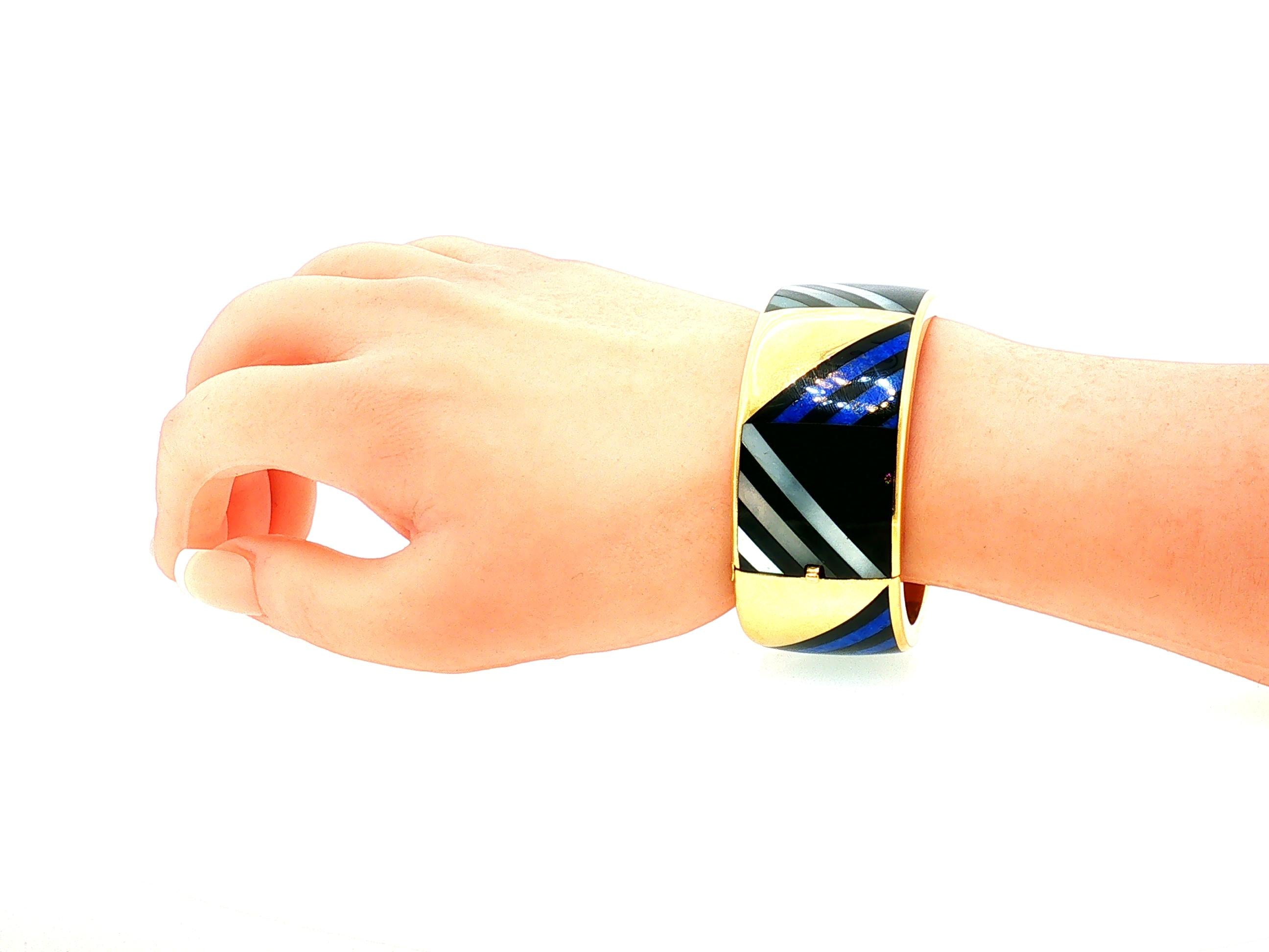 Tiffany & Co Vintage 18K Yellow Gold MOP Lapis Enamel Bangle Bracelet 88.4 Grams