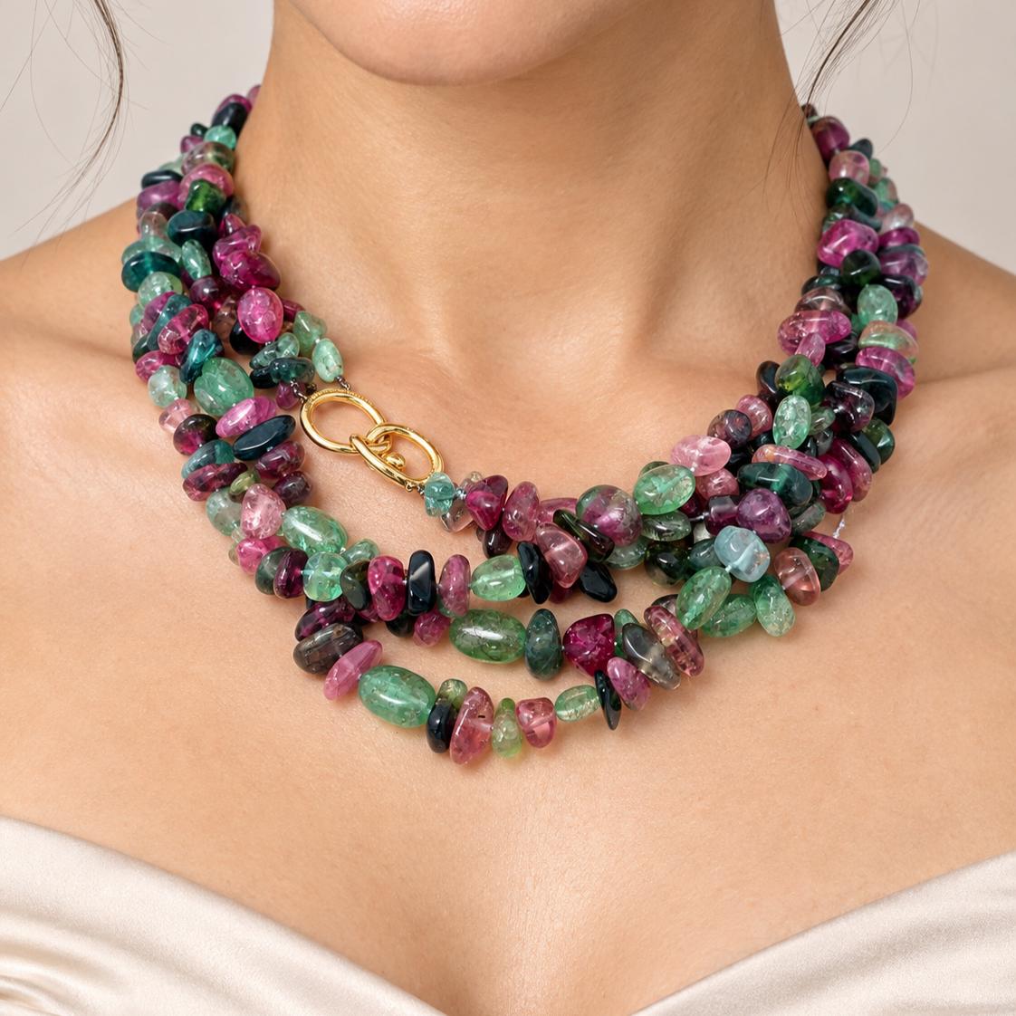 Angela Cummings 18K Yellow Gold Beaded Necklace with Tourmaline 28 Inch