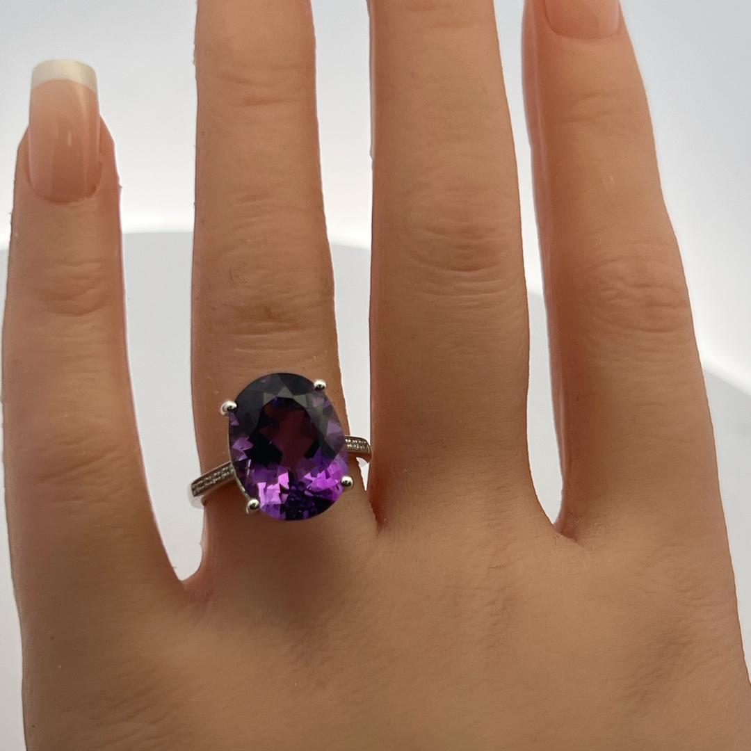 14K WG Cocktail Ring with 0.05 Ct Round Diamond & 9.11 Ct Oval Amethyst Size 7.5